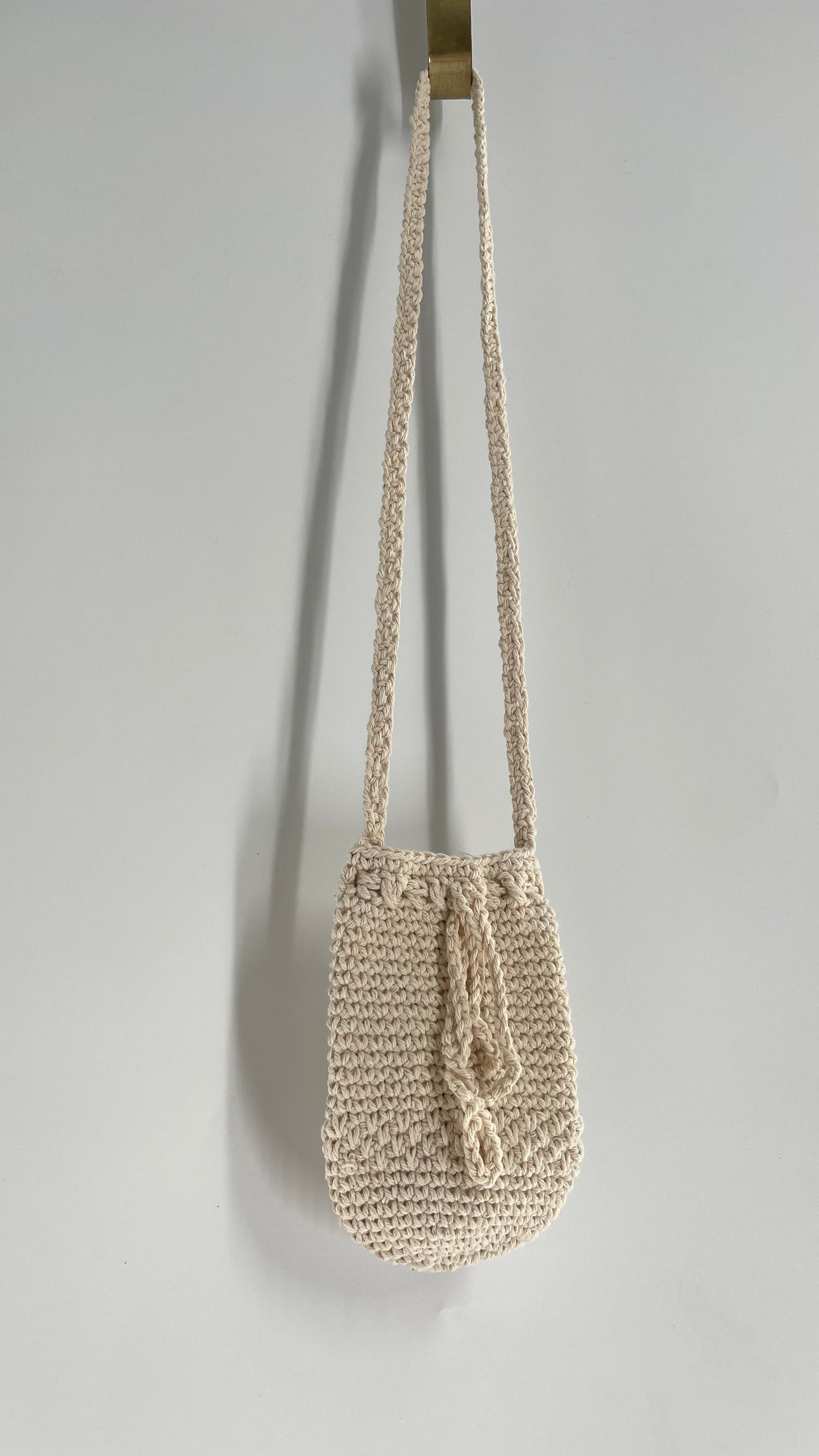 Beige Hand Knit Crochet Pouch Purse Water Bottle Bag