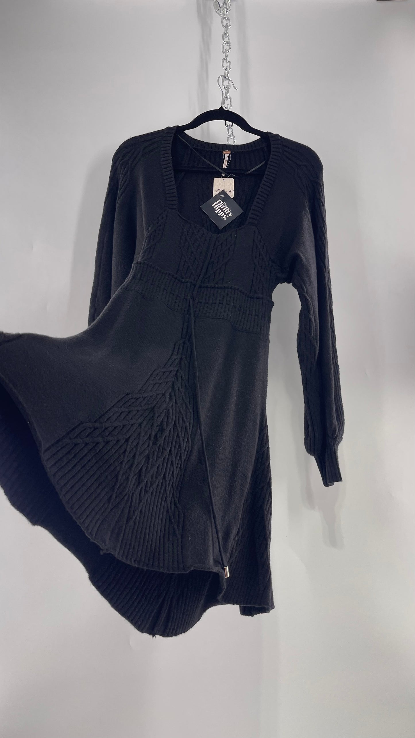 Free People Emmaline Black Heavy Knit Cableknit Bust with Tie Waist and Oval Back Cut Out Mini Dress(Small)