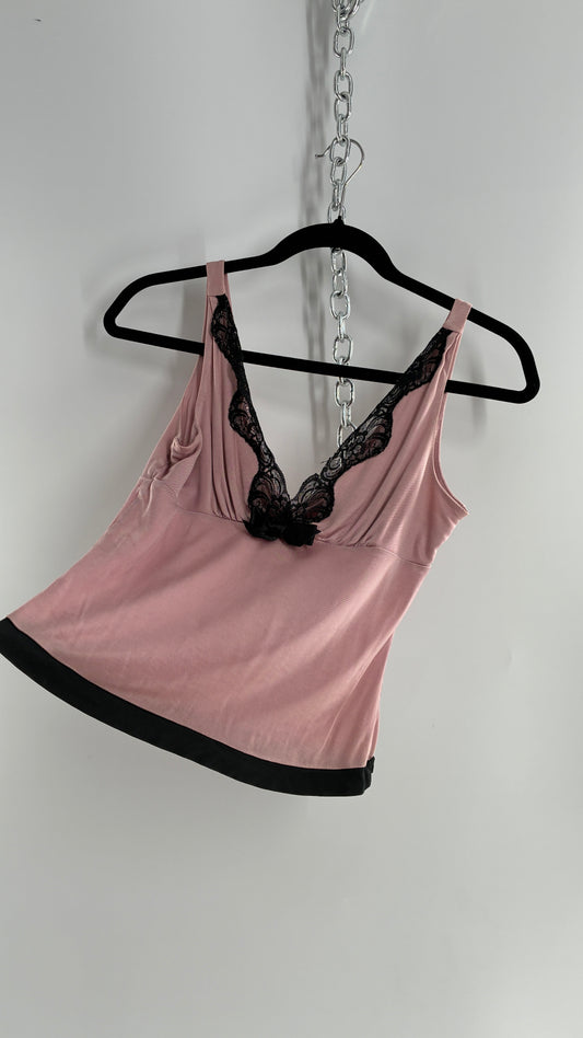 Vintage 1990s Express Dusty Pink Camisole with Black Lace Details and Bow Bust  (XS)
