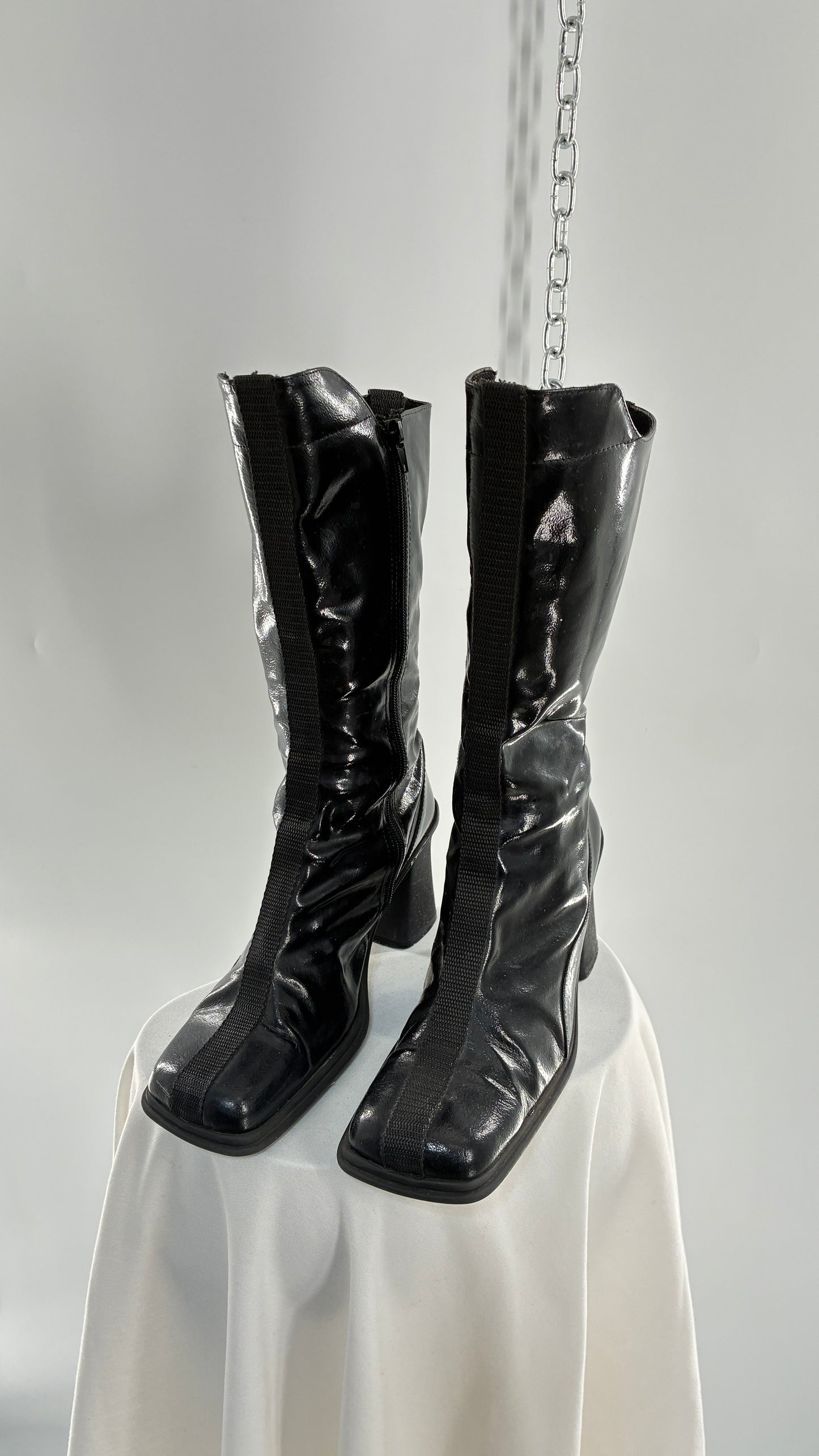Vintage Black Patent Vinyl Boots with Square Toe and Block Heel with High, Low Calf (40)