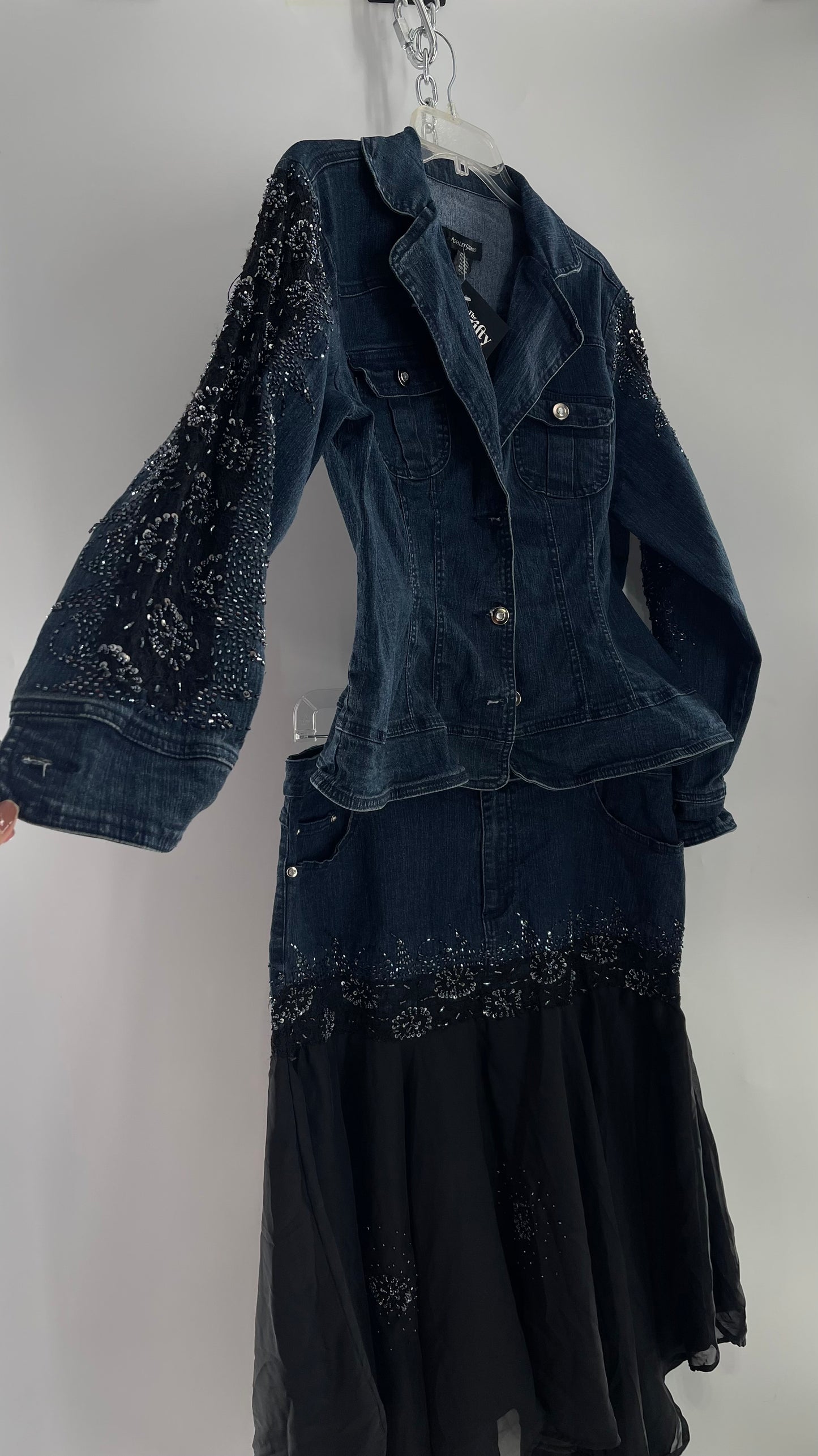 Vintage Ashley Stewart Denim Skirt and Button Up Set with Black Embroidered and Beaded Lace Details + Handkerchief Skirt (16W)