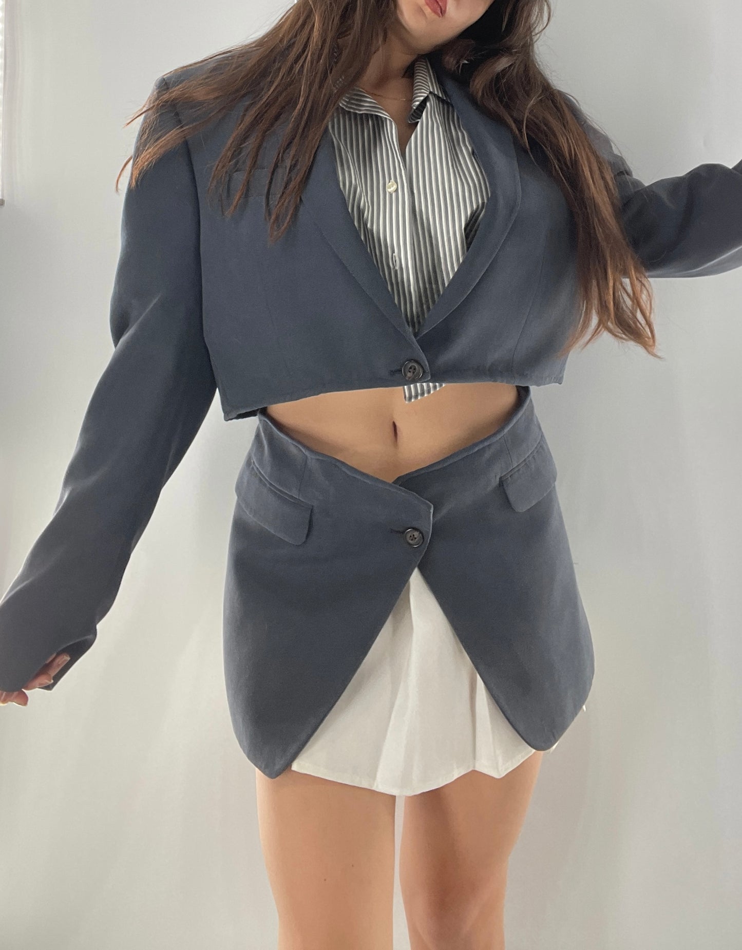 CUSTOM Handmade 2pc Suit Set Gray/Blue with Open Corset Back Skirt and Cropped Jacket (One Size)