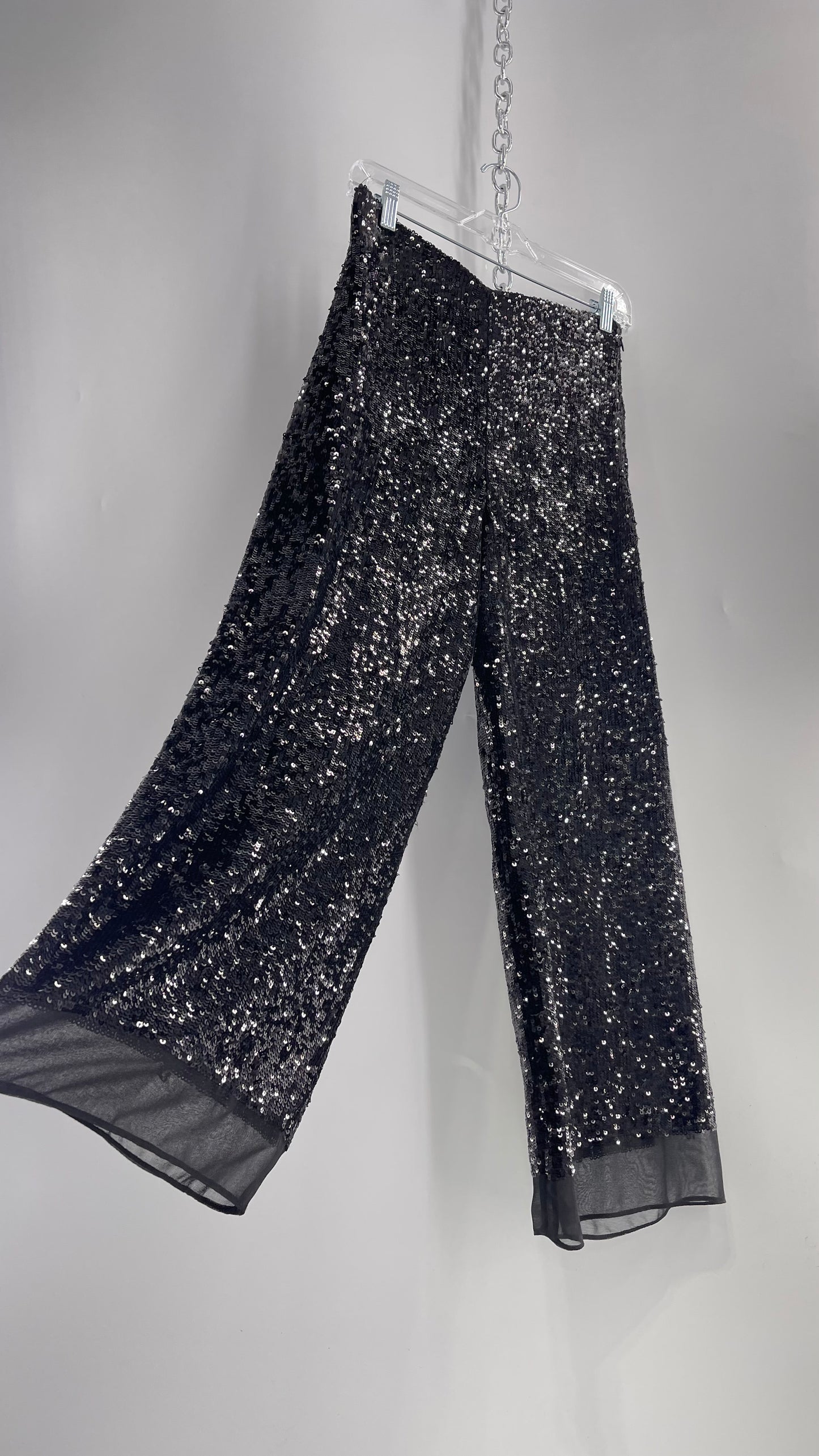 ZARA STUDIO Black Sequin Pijama Trouser with Chiffon Hem and Ribbon Lined Waist (Medium)