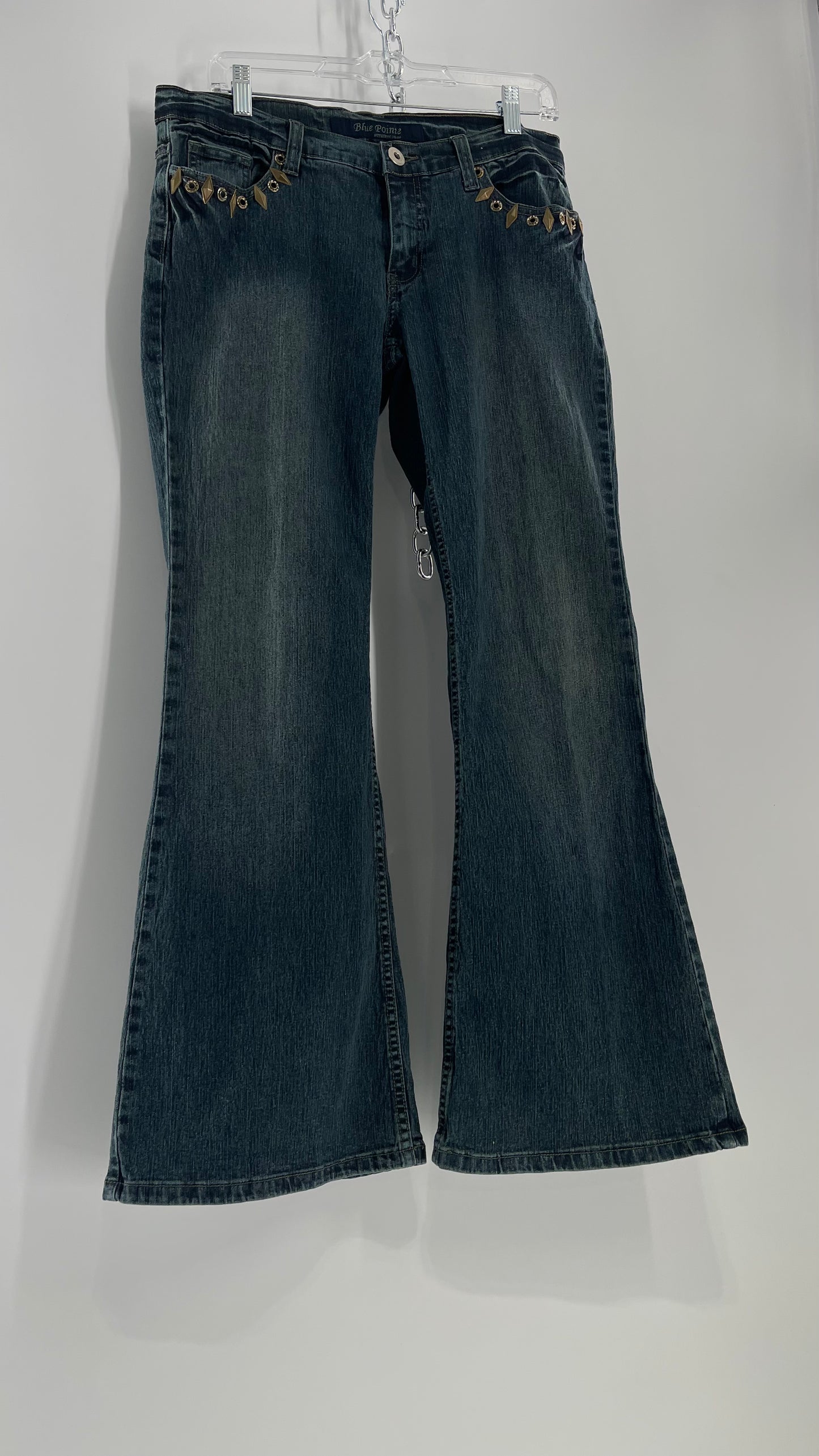 Vintage Blue Pointe Kickflare Medium Wash Jeans with Gold Rhinestone Metal Jewels (13)