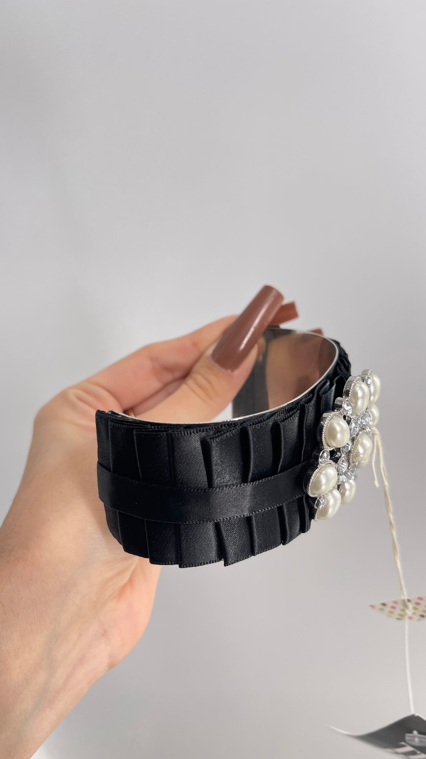 Vintage Black Pearl Ribbon Adjustable Bracelet, Arm Cuff