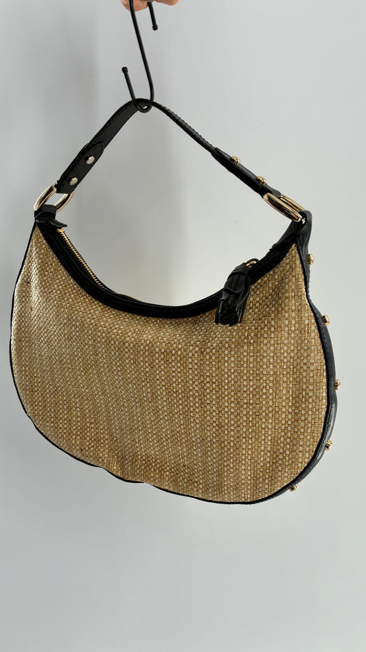 Vintage COLE HAAN Straw Shoulder Purse with Black Leather, Gold Studded Trim