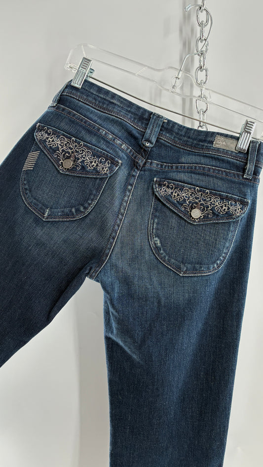 Vintage PAIGE Kick Flare Jeans with Embroidered Pockets (27)