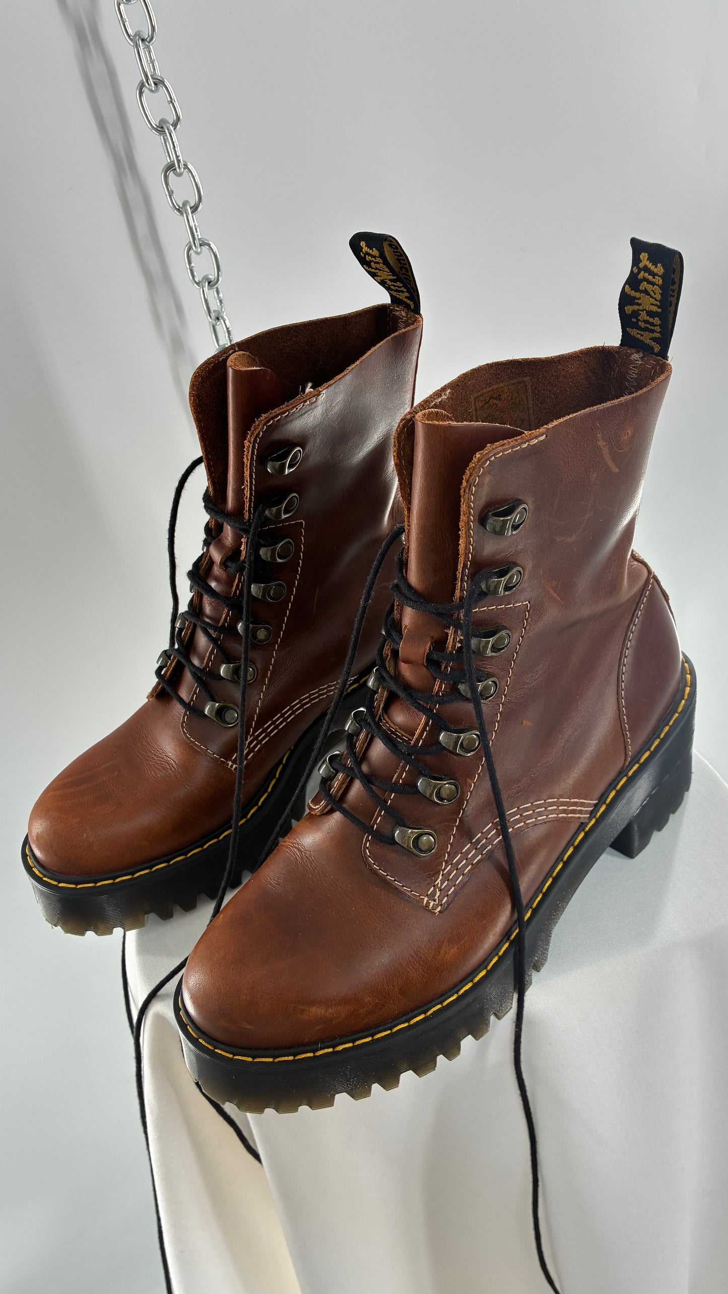 DR. MARTENS Leona Saddle Leather Platform Boots (9L)