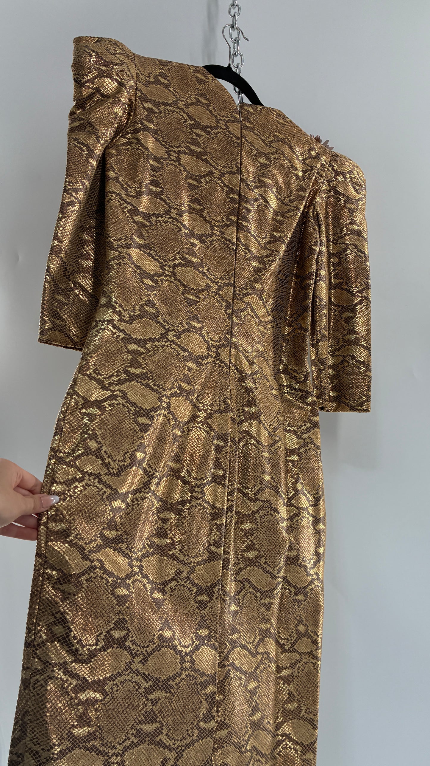 Vintage 1980s Handmade Genuine Leather Snakeskin Bronze Midi Dress with Floral Appliqués (Medium, See Measurements)