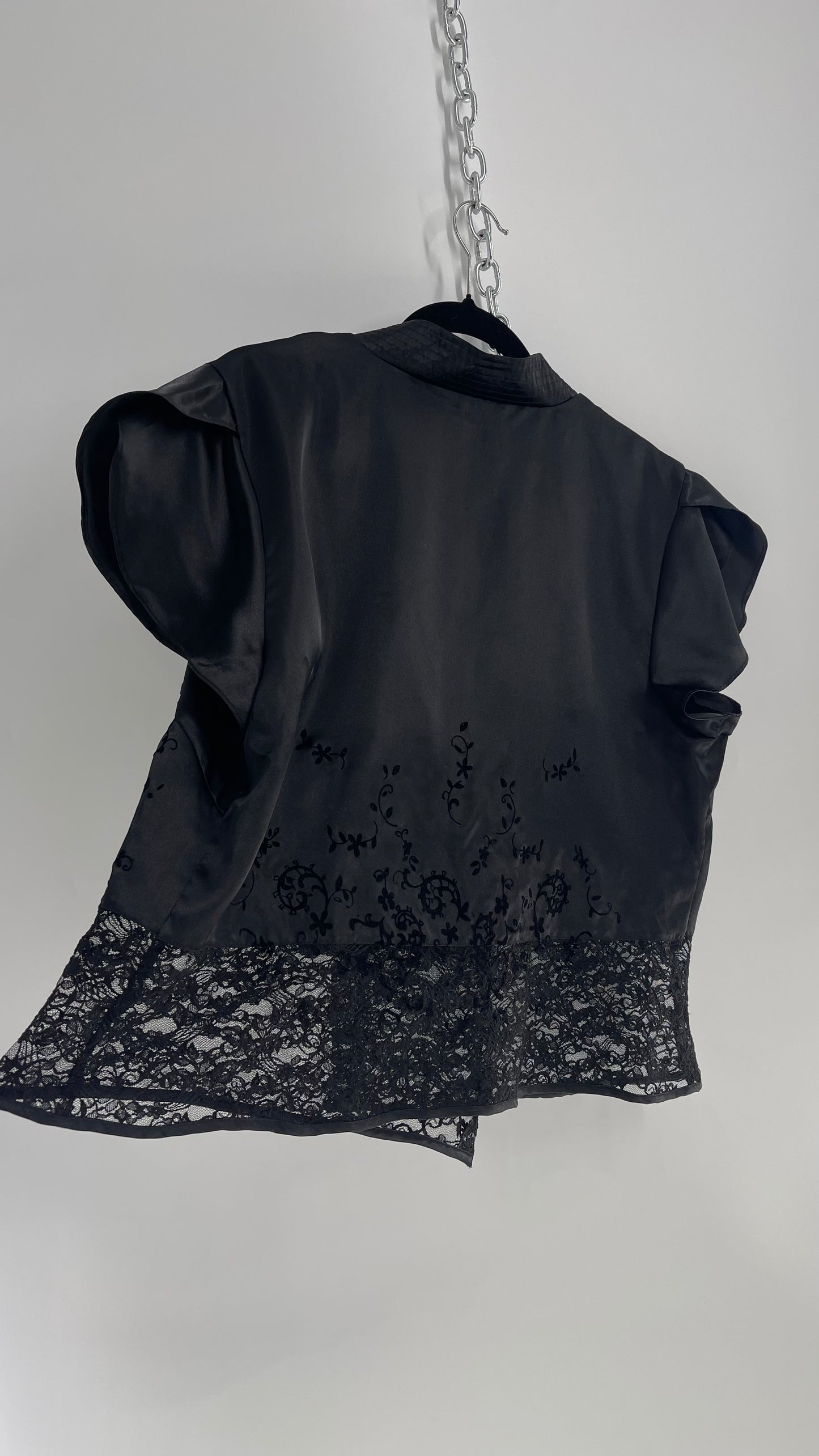 Oscar De La Renta Black Silky Lace Hem, Embroidered Kimono Style Top (XL)