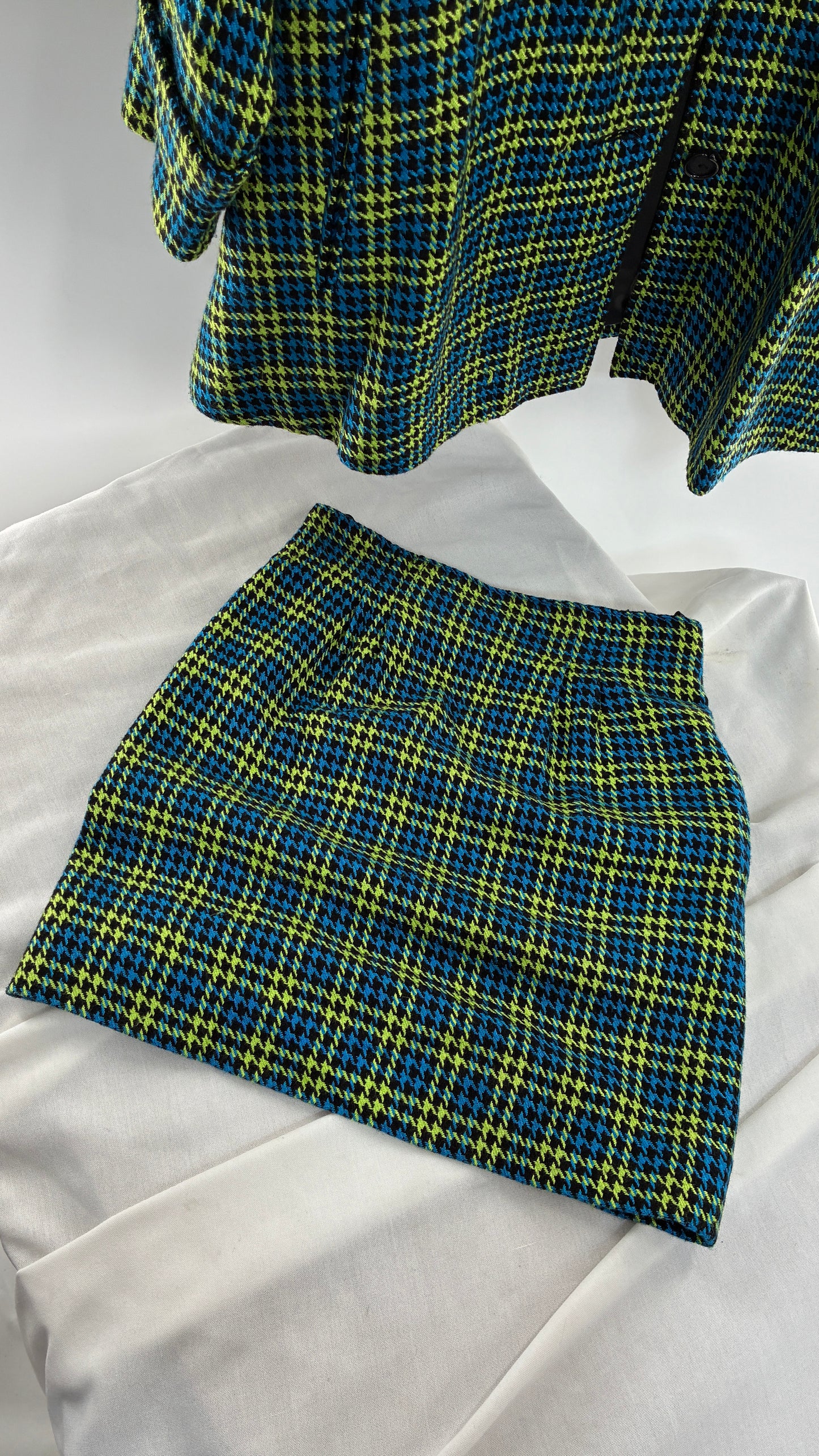 Vintage HONG KONG Wool Blend Neon Green and Blue Plaid Jacket and Micro Mini Set (Small)