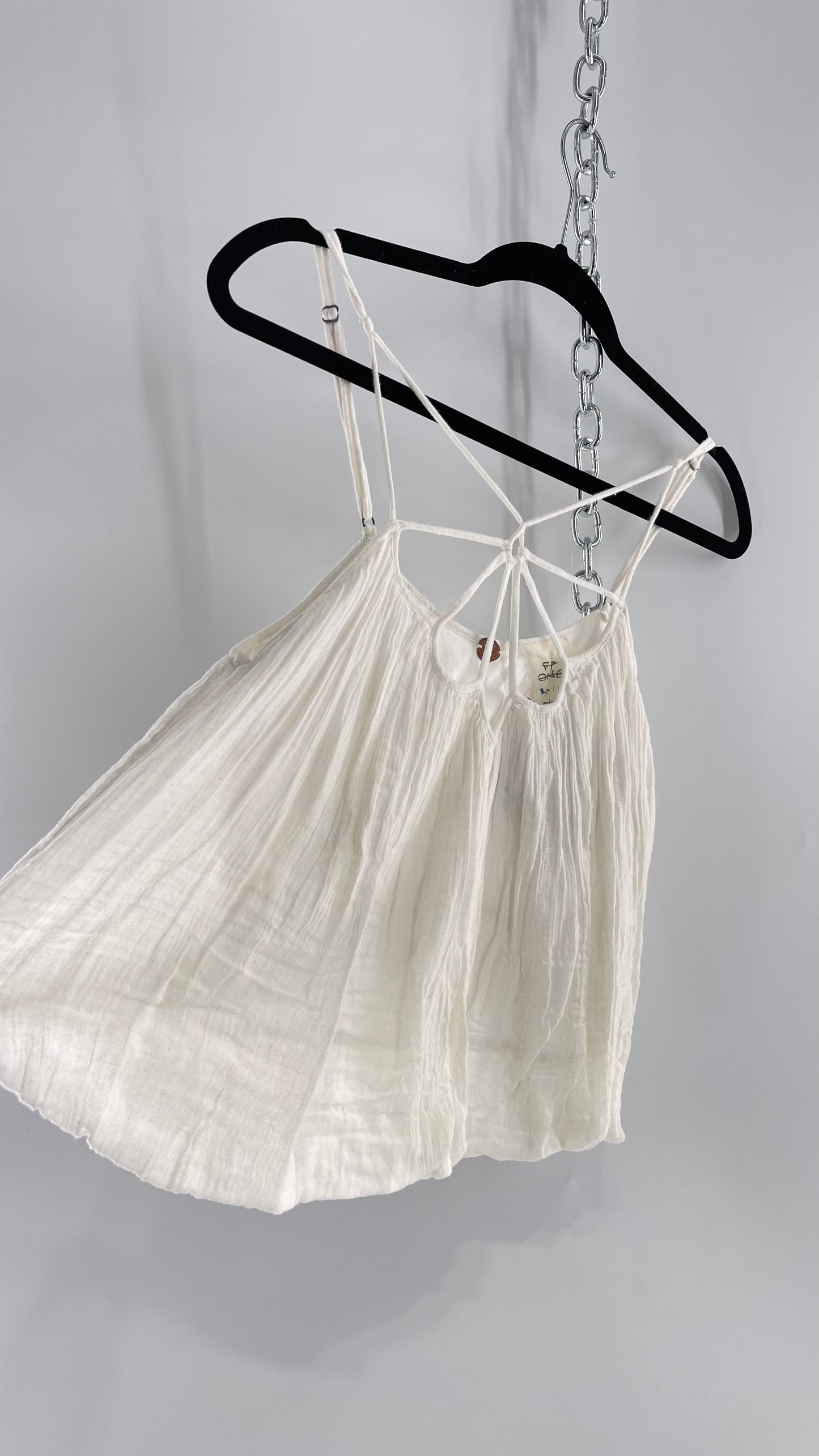 Free People White Cotton Bubble Sleeveless Blouse with Strappy Neckline (M)