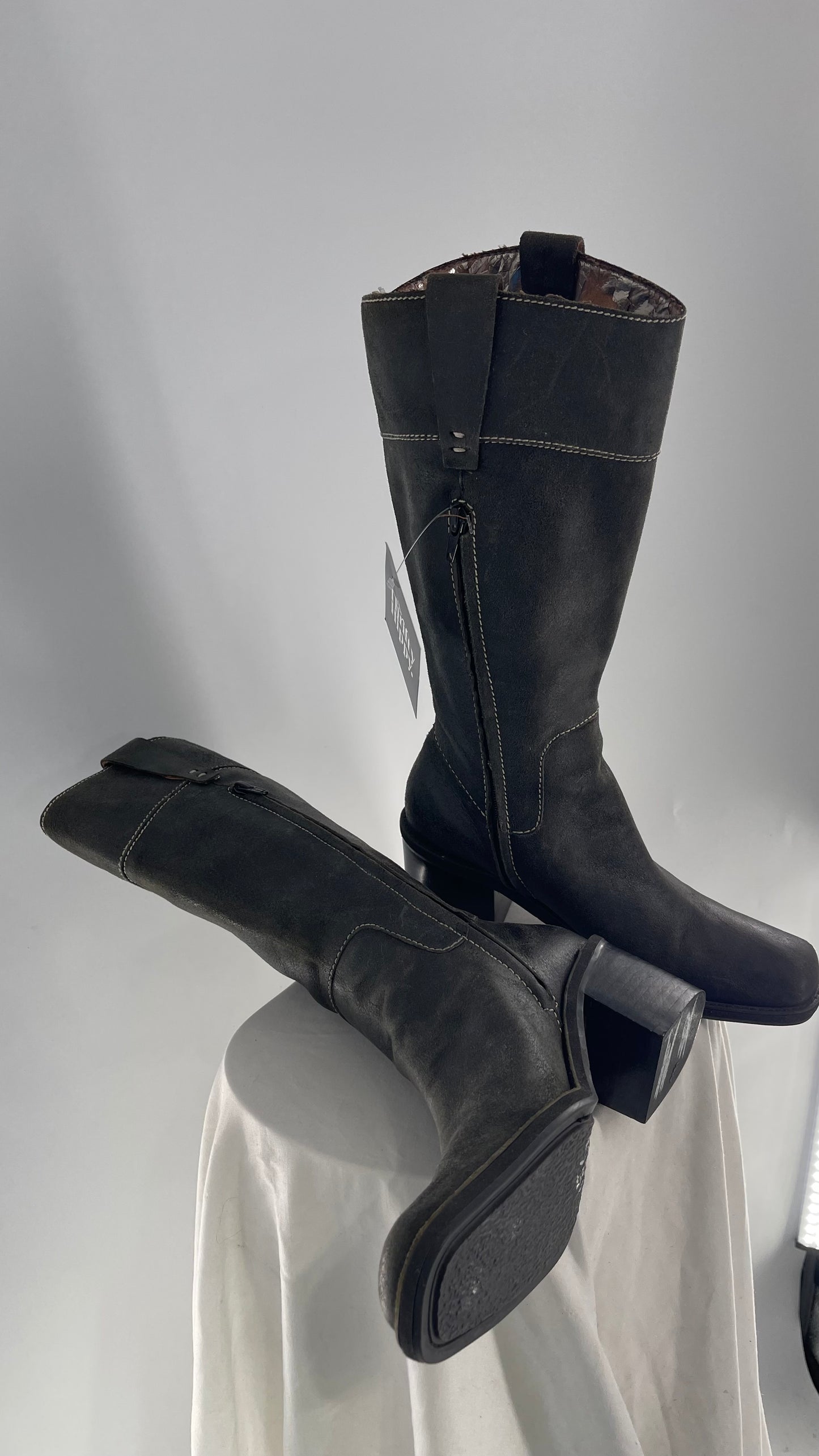 Vintage Nine West Dark Grey Leather Square Toe Heeled Knee High Boots (7.5)