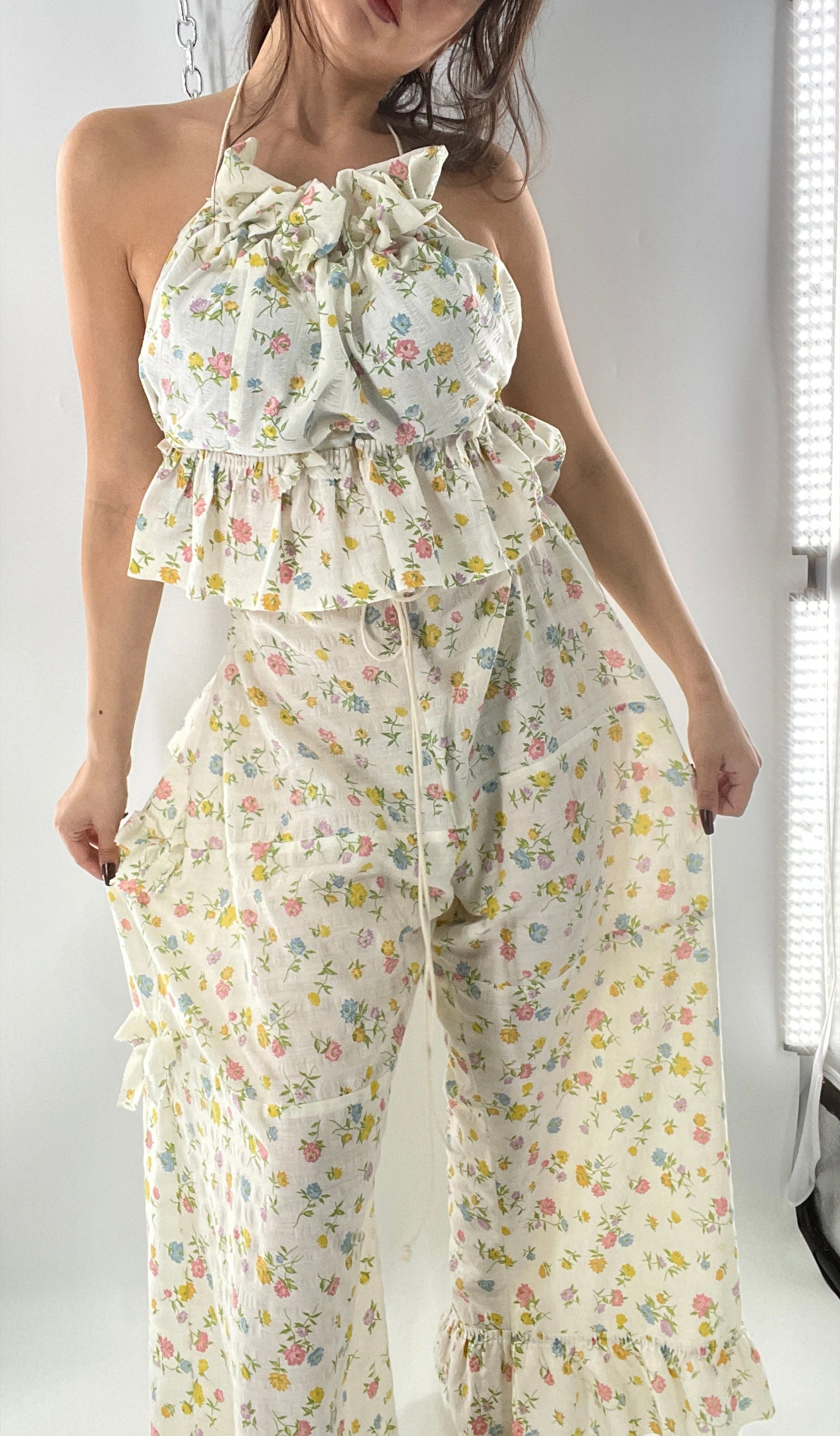 Vintage 2 Piece Floral Babydoll Set with Adjustable Top and Adjustable Pants Featuring Bow Sides and Ruffles Bum (One Size)