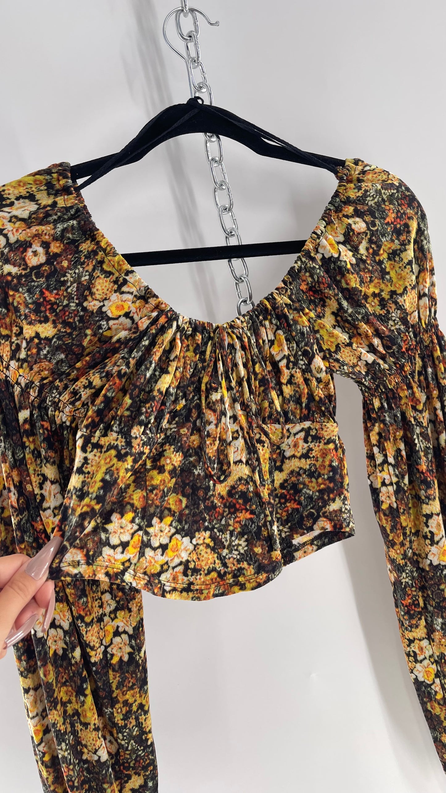 Urban Outfitters Black Yellow Fall Florals Balloon Sleeve Milkmaid Bust Top (Medium)