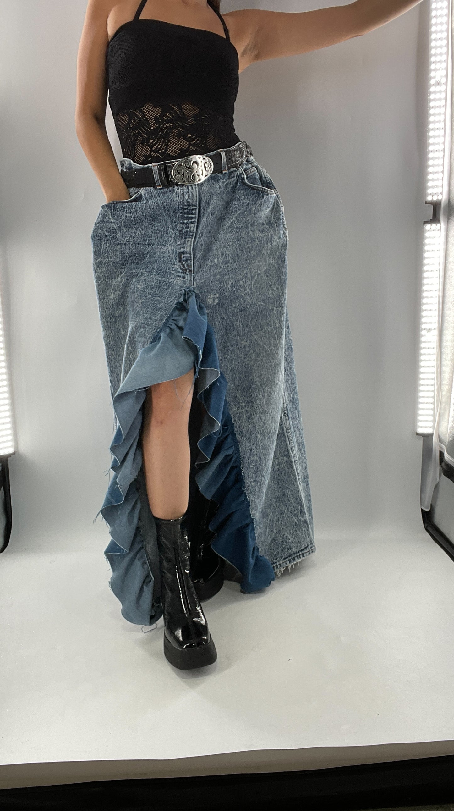 Custom Handmade Acid Wash Denim Slit Front Ruffled Skirt with Bow Bum (Large)