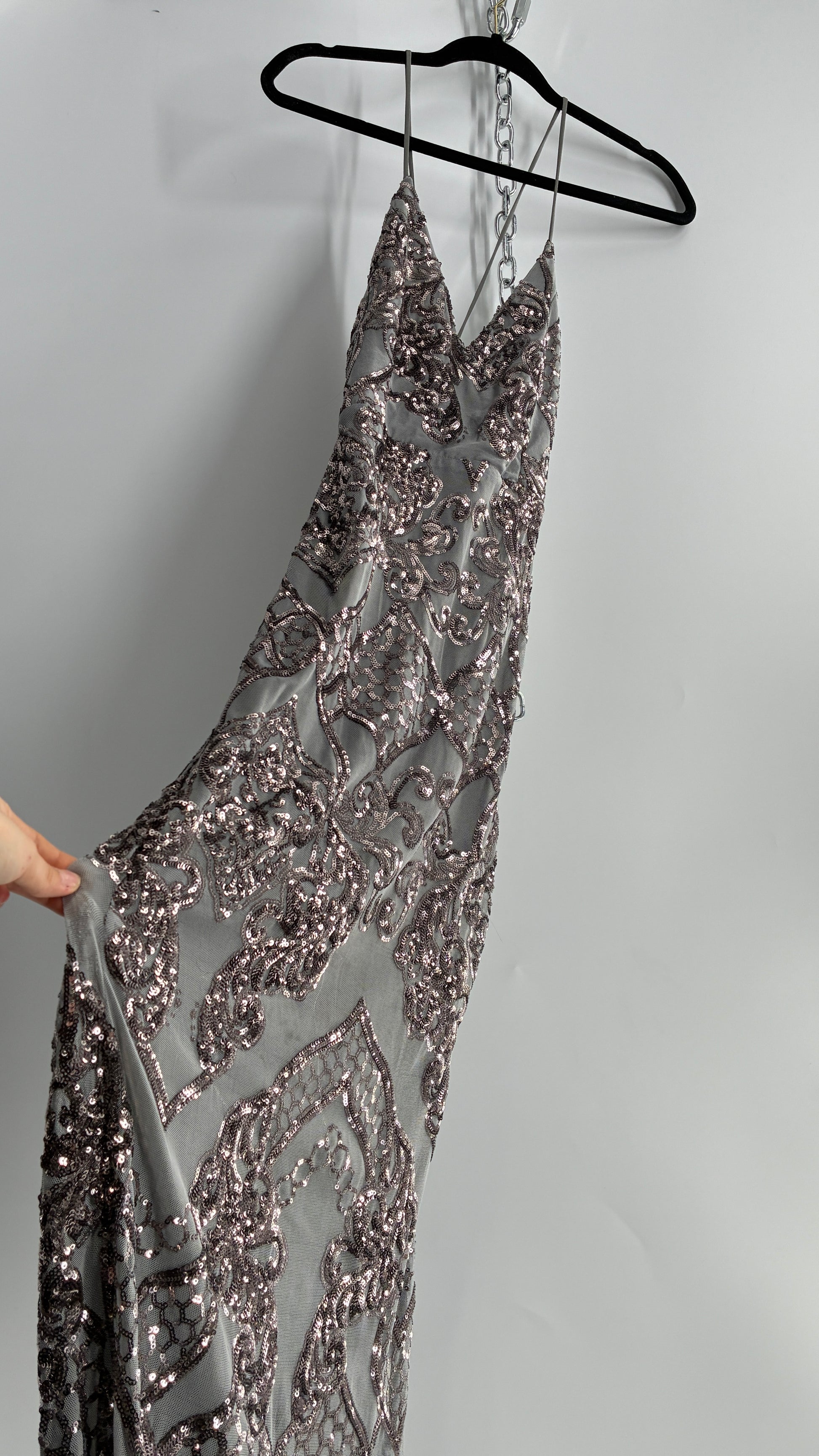 Full Length Grey Sequin Patterned Gown with Back Slit and Tie Up Back( The Thrifty Hippy Full Length Grey Sequin Patterned Gown with Back Slit and Tie Up Back( The Thrifty Hippy