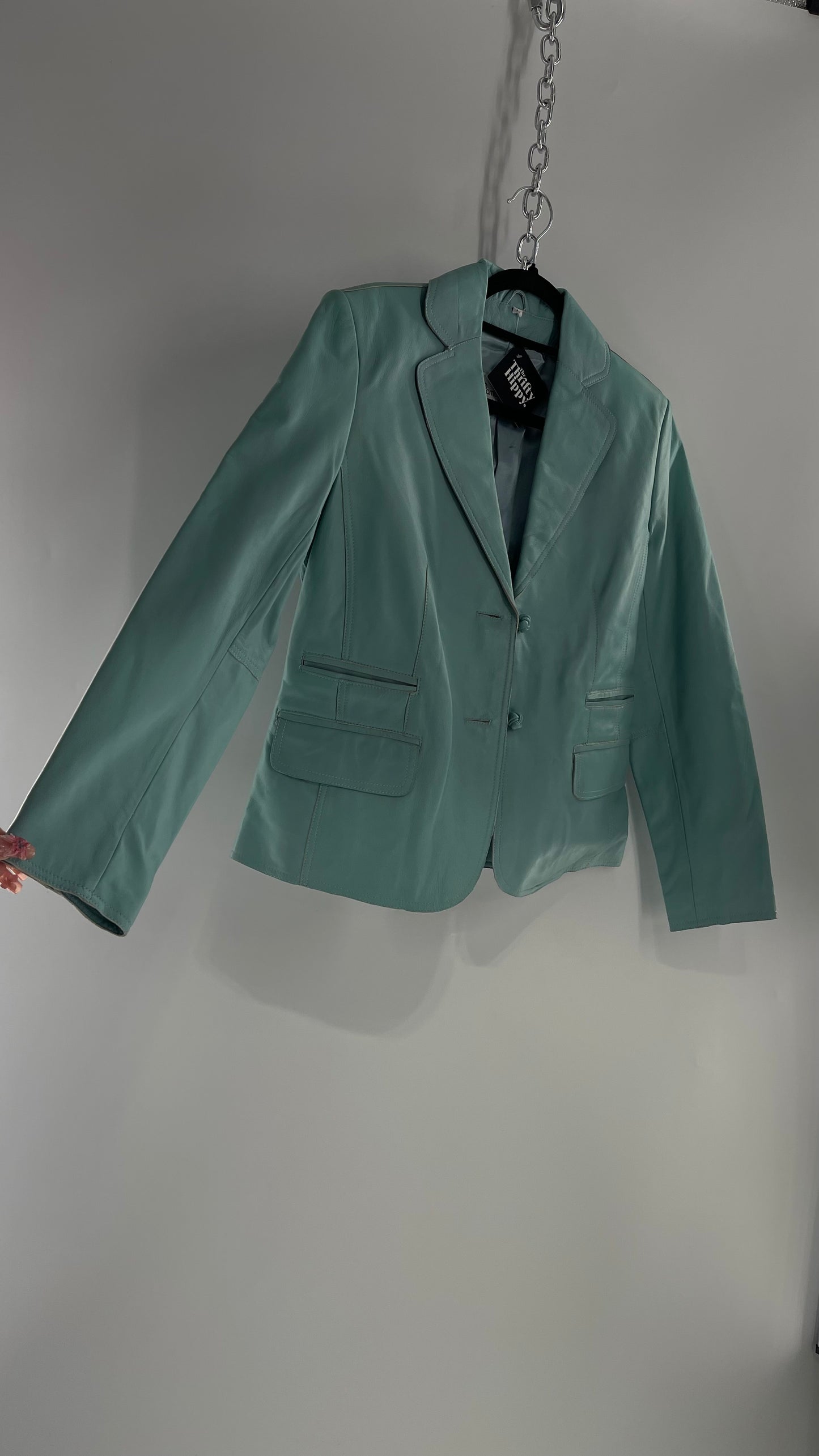 Vintage 1990s Pamela McCoy Eggshell/Tiffany Blue Leather Blazer Jacket (XS)