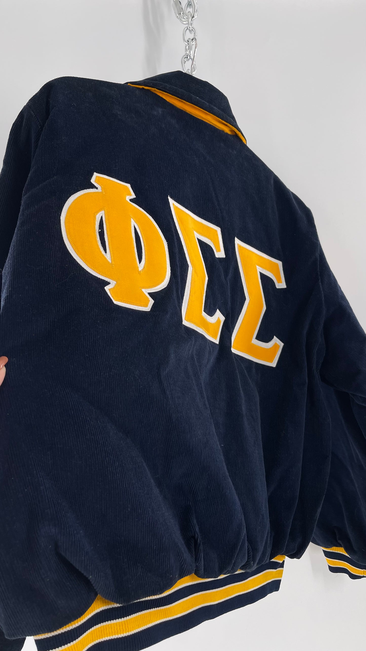 Birdie Vintage Phi Sigma Sigma Navy Blue Corduroy Varsity/Sorority Jacket with Contrast Yellow Patches and Embroidered “Paula” Monogram (Large)