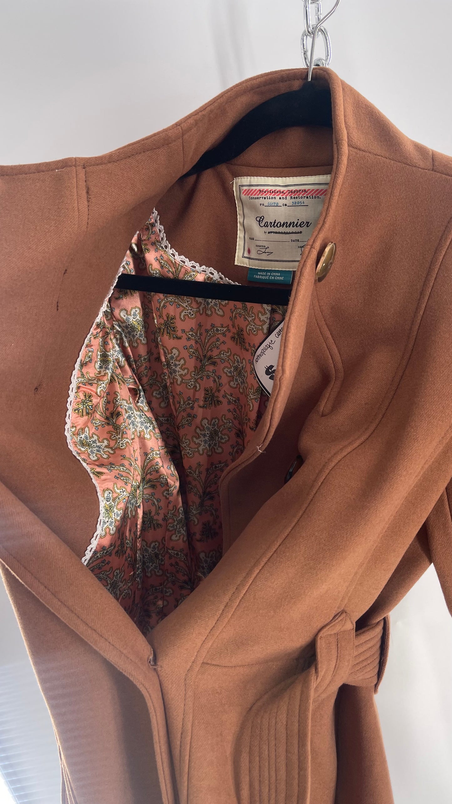 Anthropologie Cartonnier Rust/Brown Trench Coat with Satin Paisley Lining (6P)