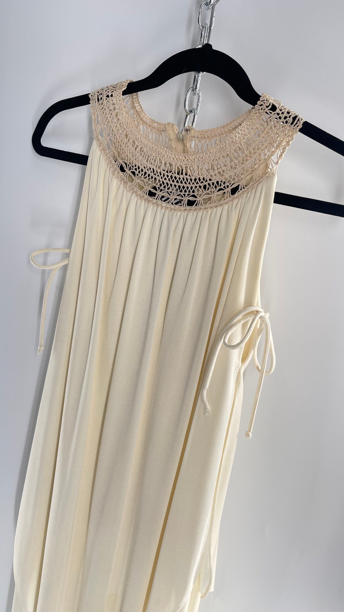 Vintage 1970s Off White Hand Made Goddess Gown with Draping Details, Tie Underarm, Pleated Body and Crochet/Macrame Neckline Detail (XS/S)