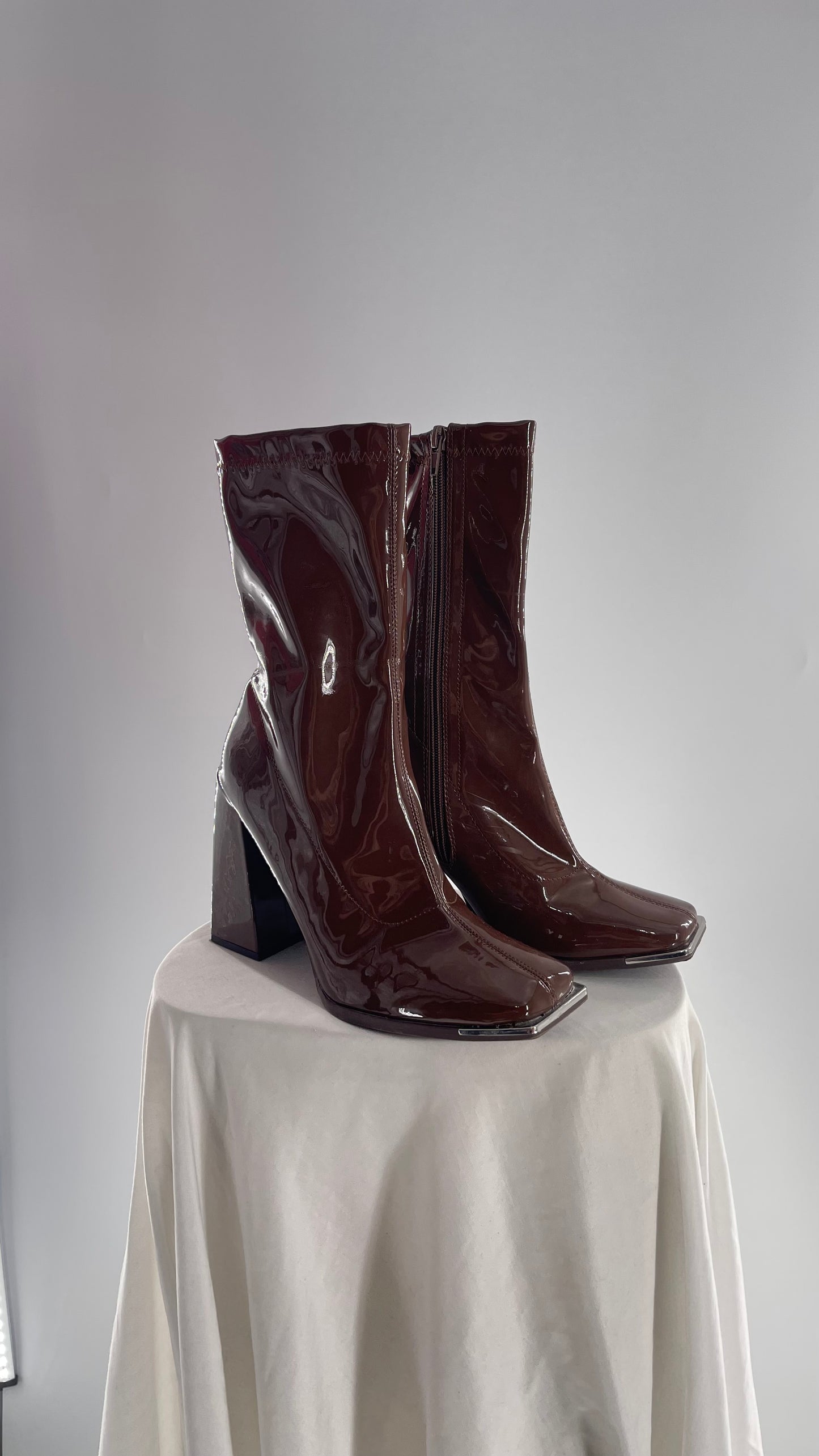 Square Toe Brown Vinyl Boot with Angled Block Heel (8)