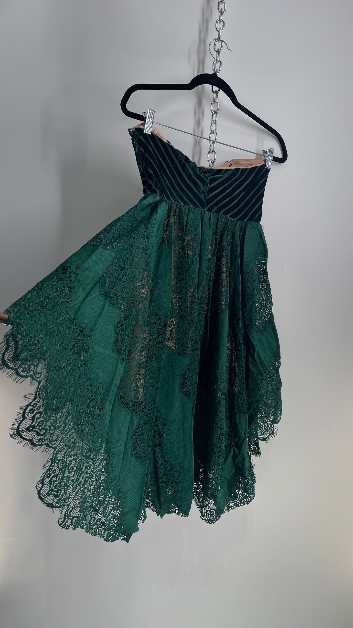 Free People Emerald Green Dress with Velvet Sweetheart Neckline Bustier Bodice with Scalloped Lace, Handkerchief Hem Skirt over Nude Underlay 
 (4)