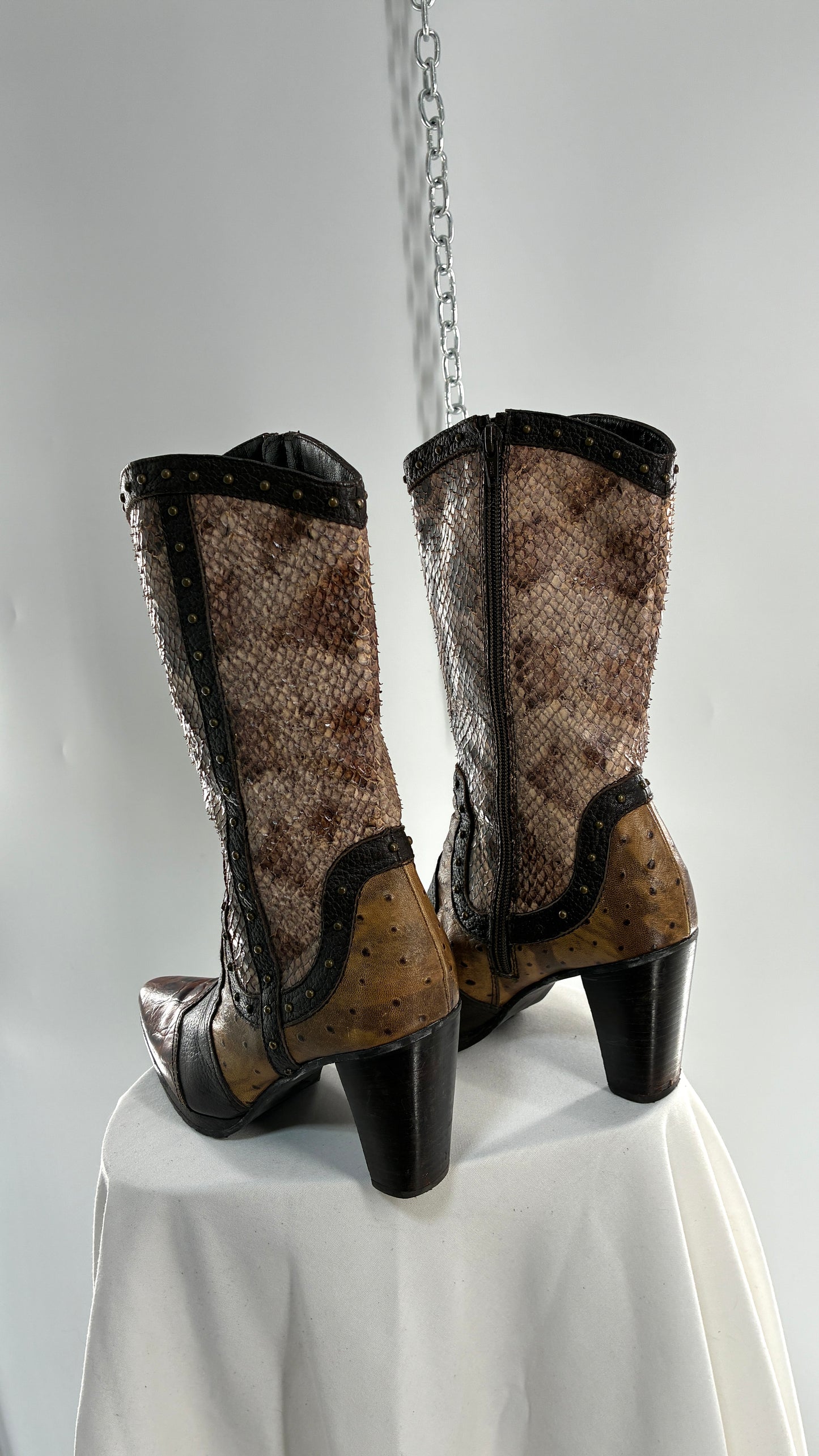 Vintage STUART WEITZMAN Stampede Boots Ft Snake, Crocodile and Ostrich Embossed Leather (8.5)