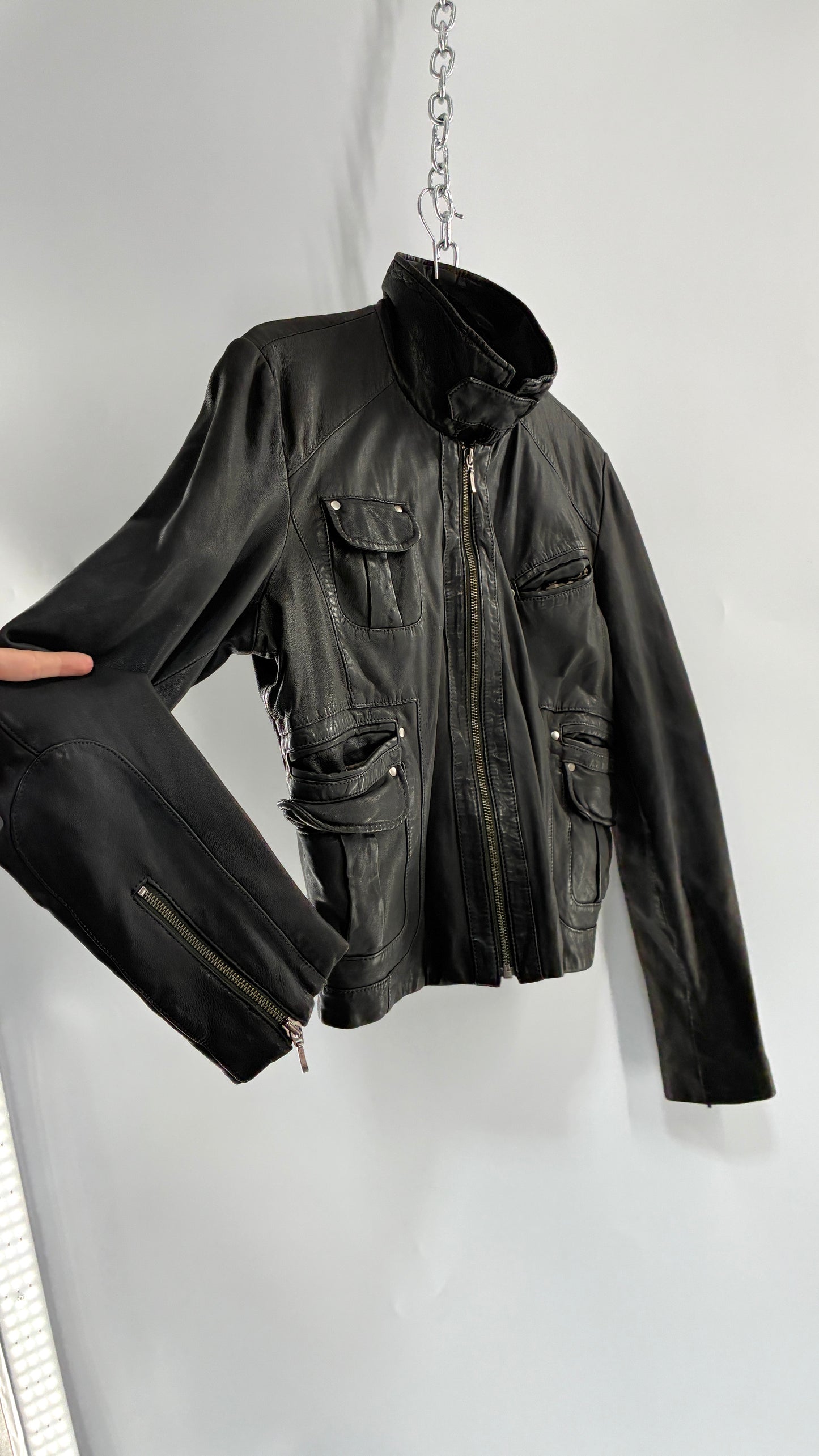 Vintage IDENTIFY Soft Genuine Leather Jacket with High Neck and Multi Pocket Details (Medium)
