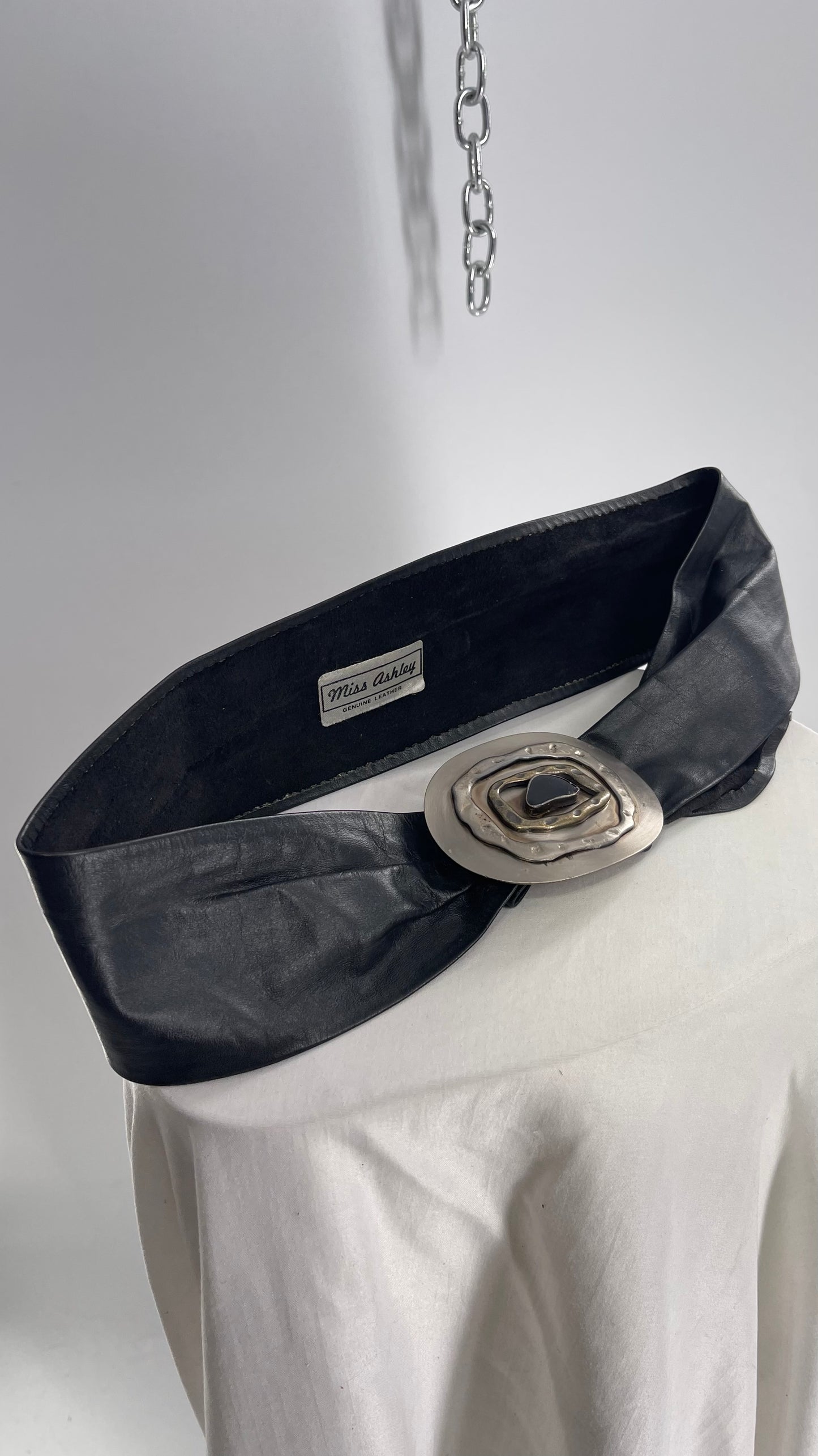 Miss Ashley Black Leather Belt with Silver Medallion Buckle (Small)