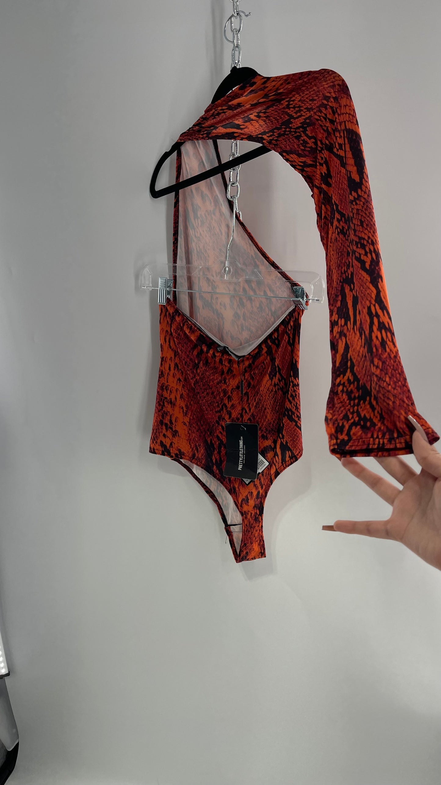 Pretty Little Thing Orange Snake Print Wrap Around Single Sleeve Bodysuit with Tags Attached(12)