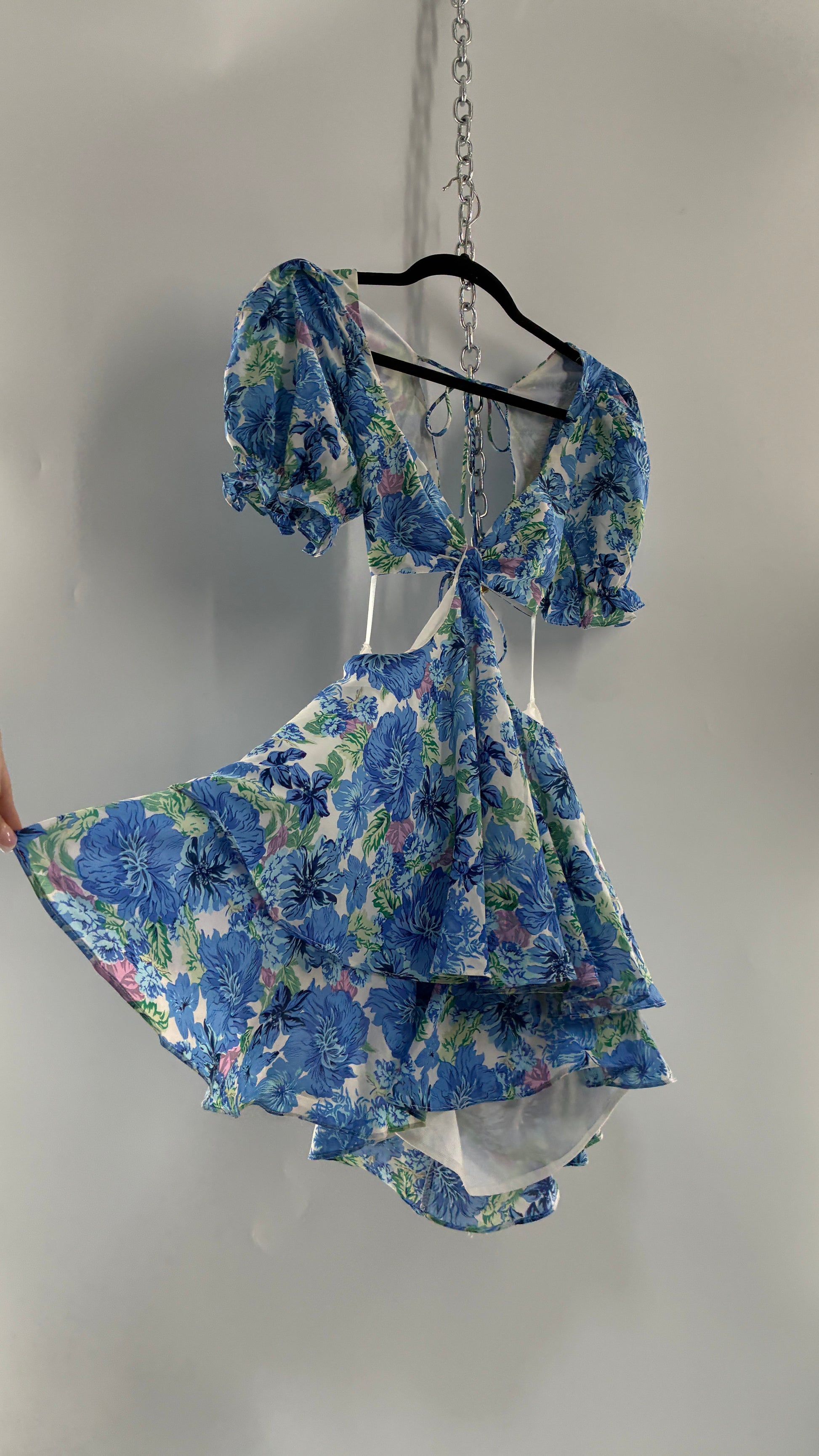 Hello Molly Blue Puff Sleeve Mini Dress with Completely Ruffled Sides – The Thrifty Hippy