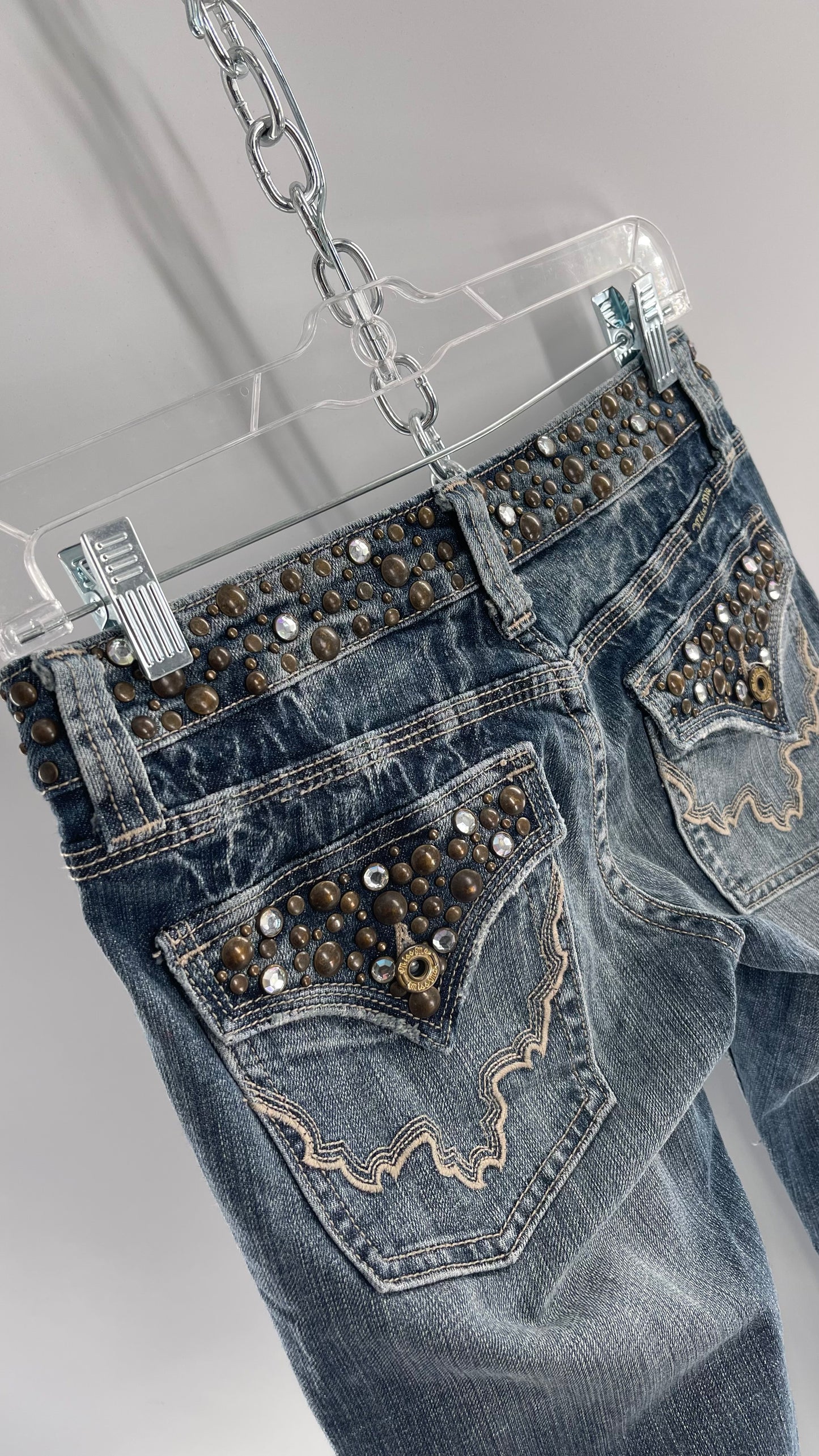 Vintage Miss Me Grainy Stone Wash Kick Flares with Studded Low Waist and Back Pockets (26)