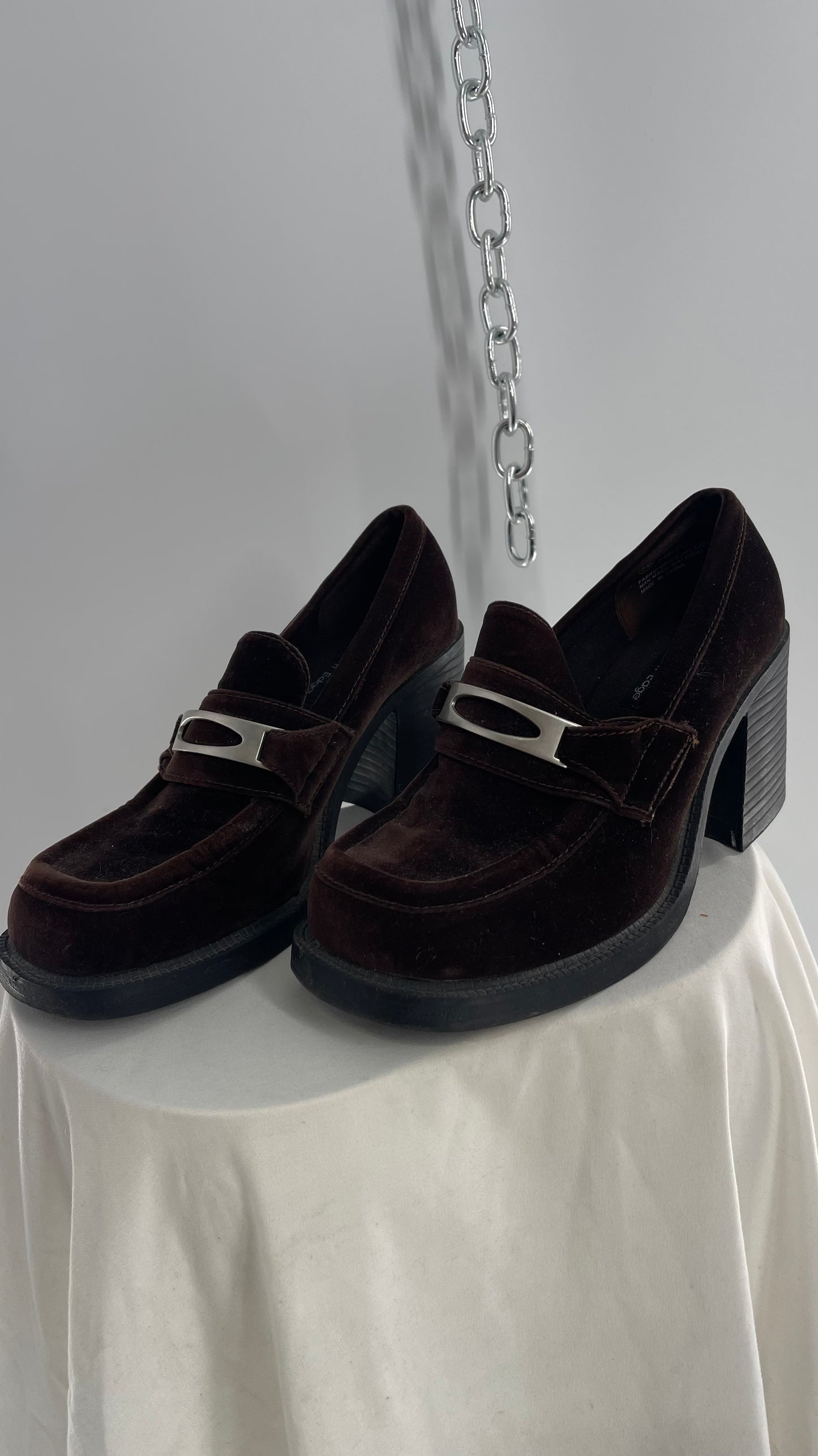 Vintage Modern Edge 1990s Dark Brown Velvet Loafer with Chunky Block Heel (8)