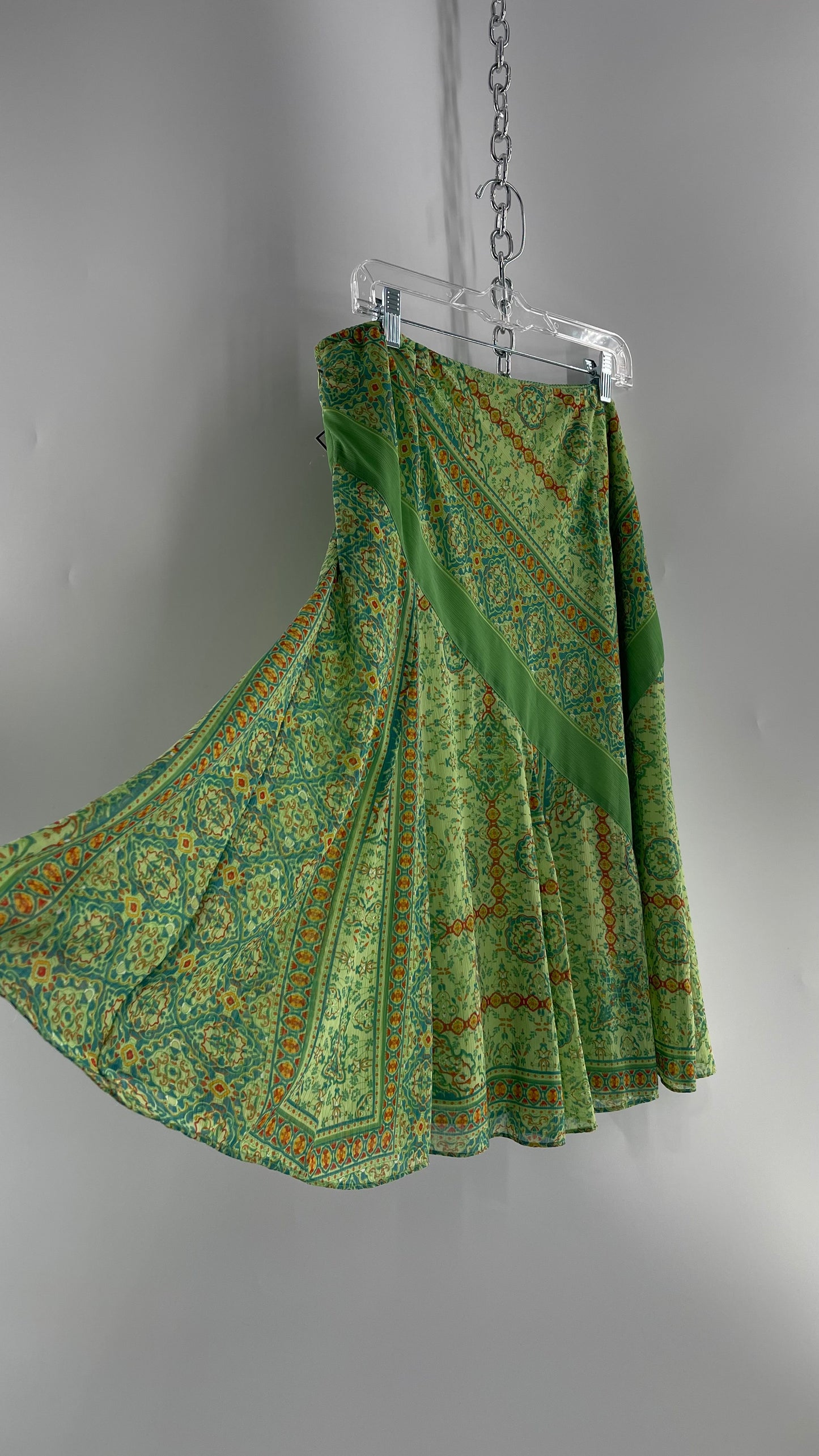 Vintage Green Mixed Pattern Midi Skirt (Large)