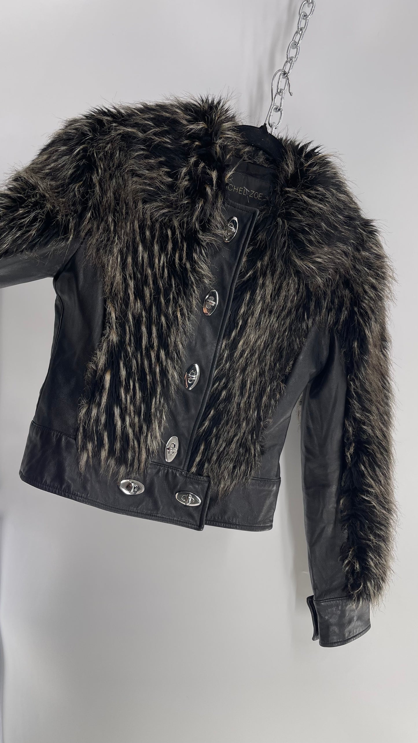 Vintage Rachel Zoe Black Leather Faux Fur Moto Jacket with Silver Hardware/Closure (2)