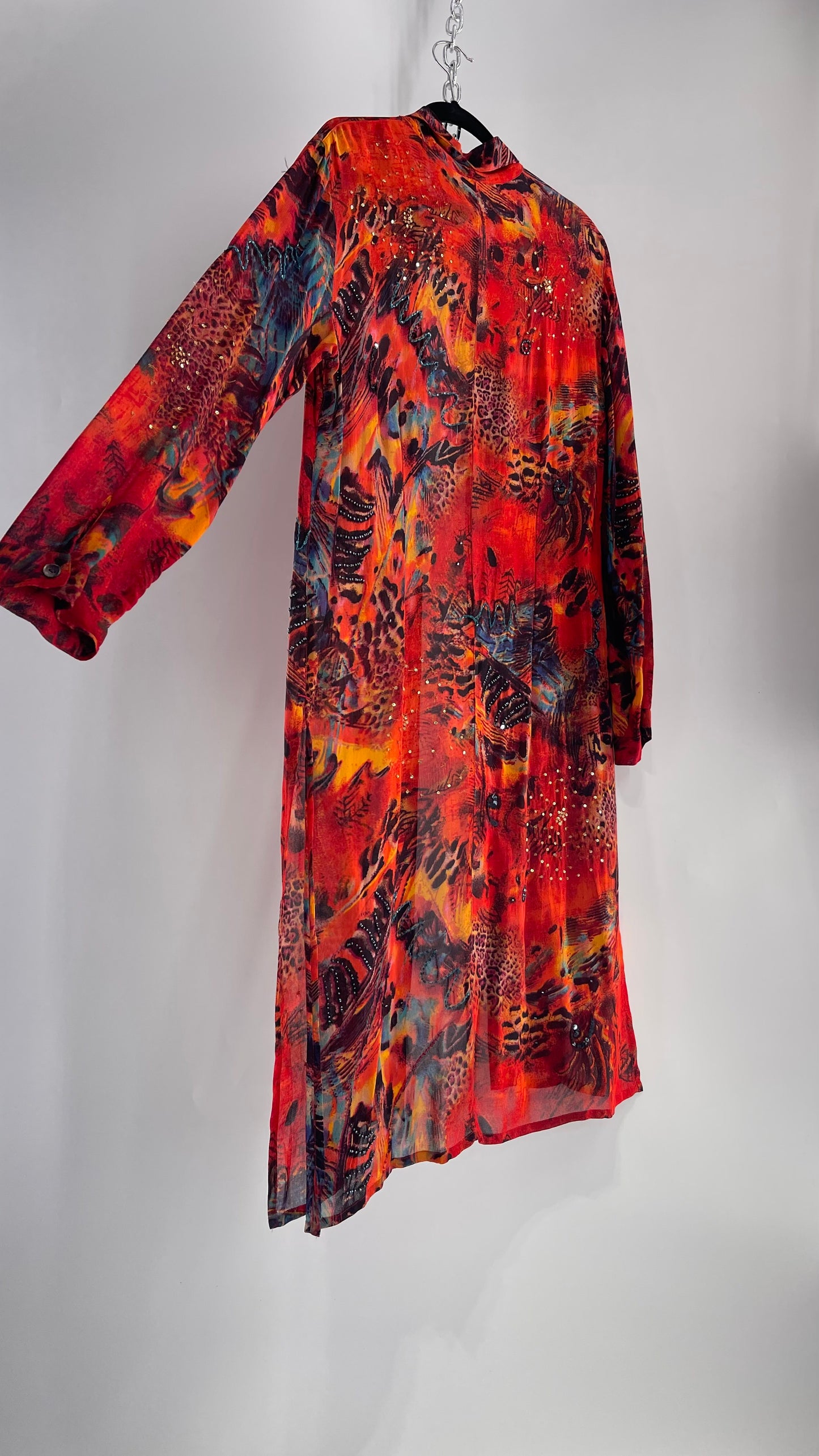 Vintage CHICOs Burnt Orange Sheer Duster Coat with Mixed Animal Print and Embroidery/Beading (XL)