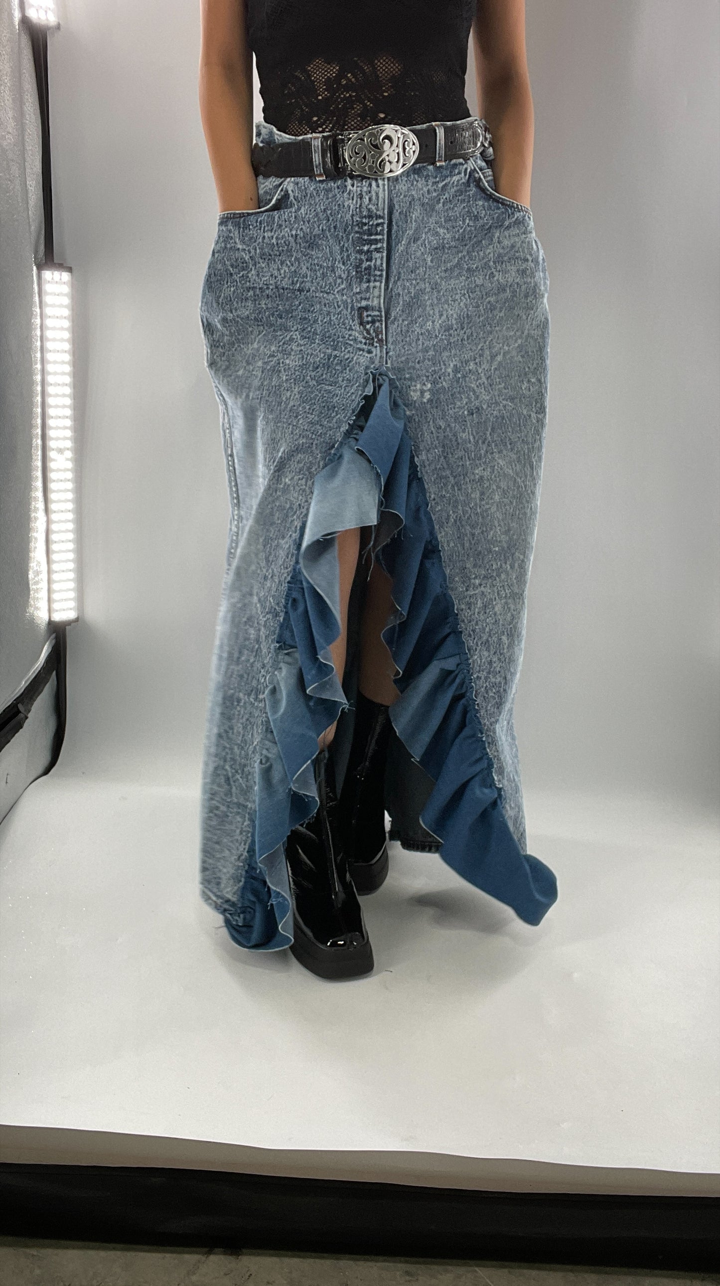 Custom Handmade Acid Wash Denim Slit Front Ruffled Skirt with Bow Bum (Large)