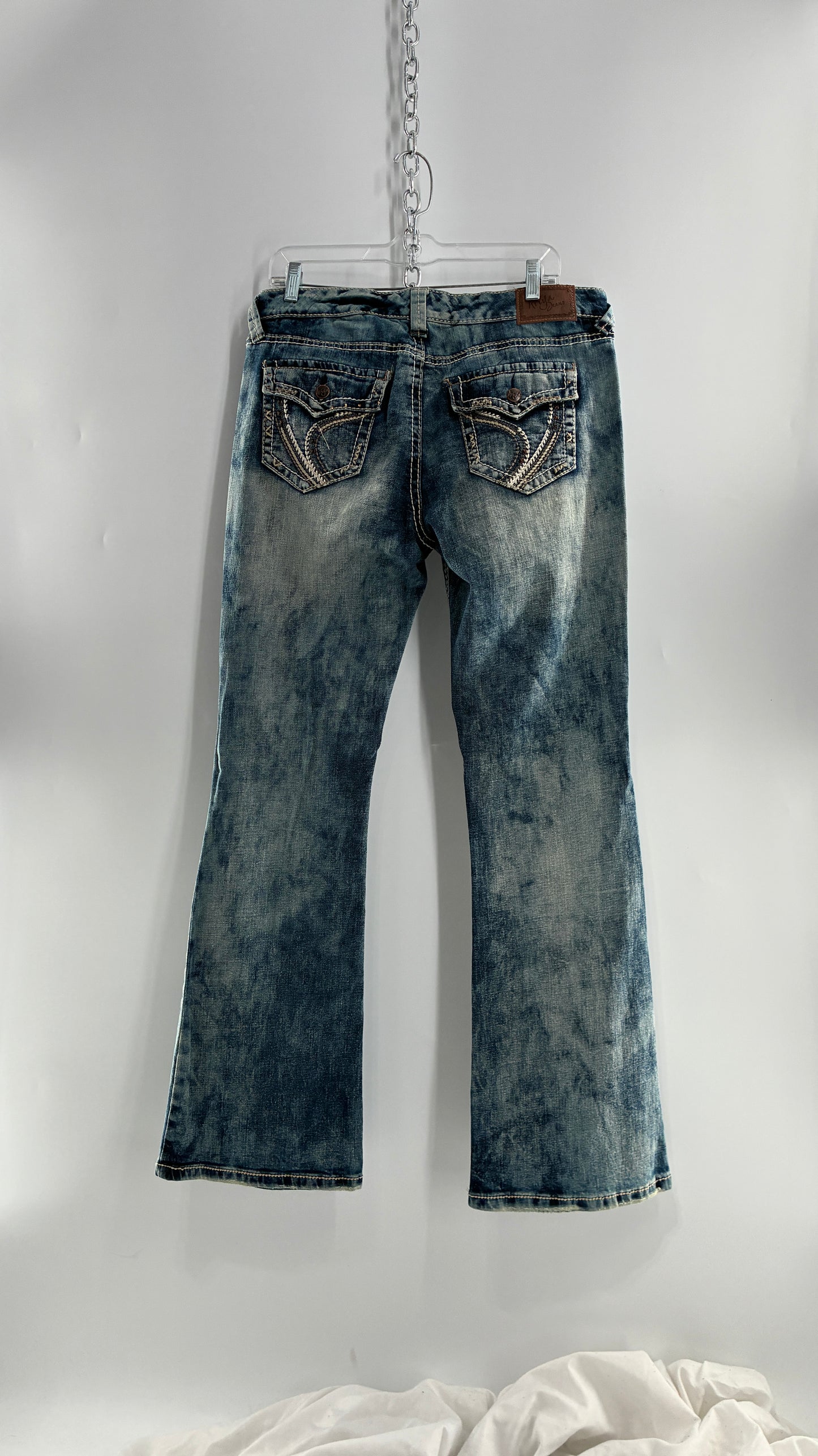 Vintage ARIYA JEANS Acid Washed Kick Flares with Embroidered Pockets (15/16)