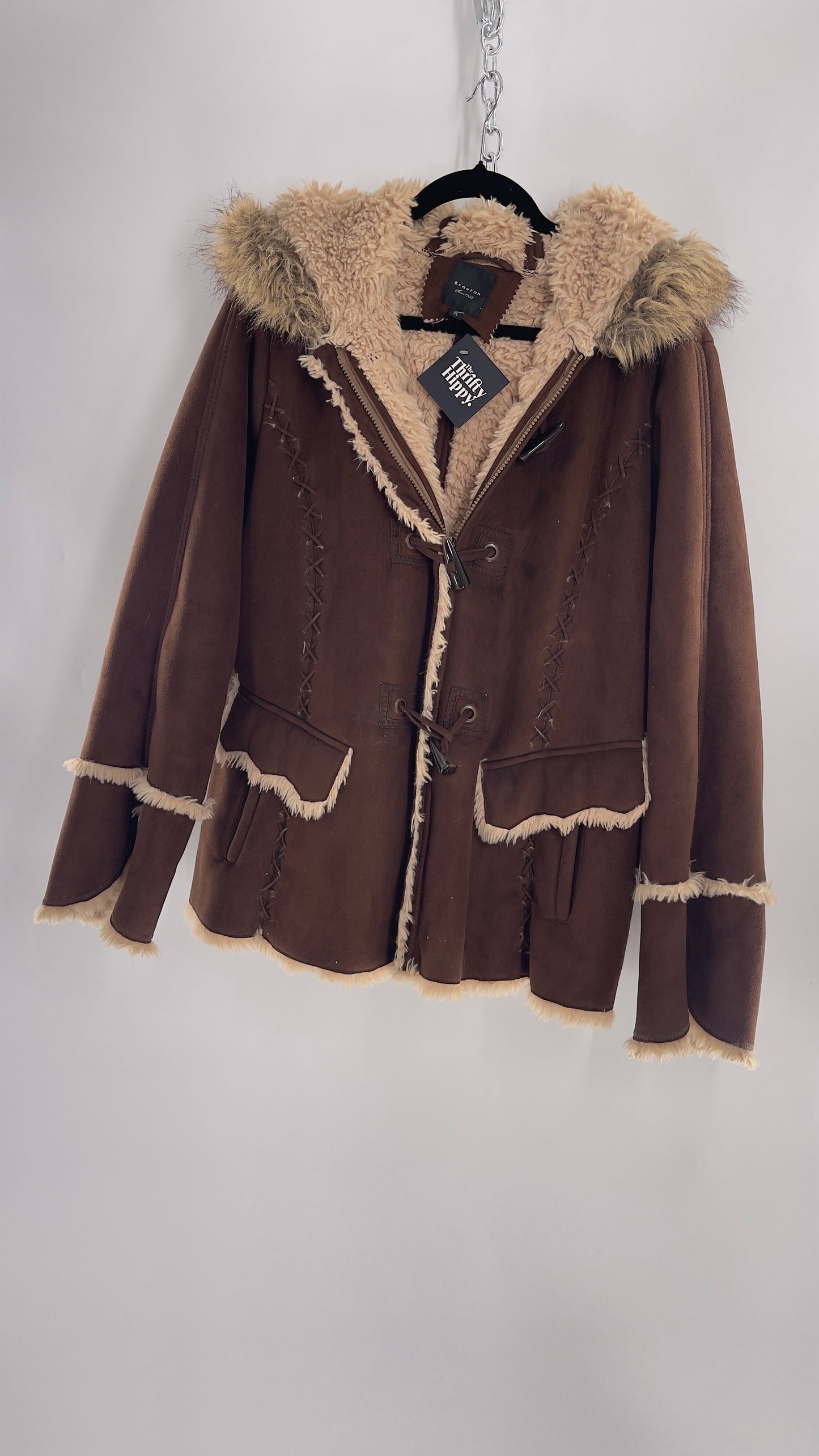 Vintage Braetan Brown Zip Up Coat with Contrast Fur Trim (C) (XL)