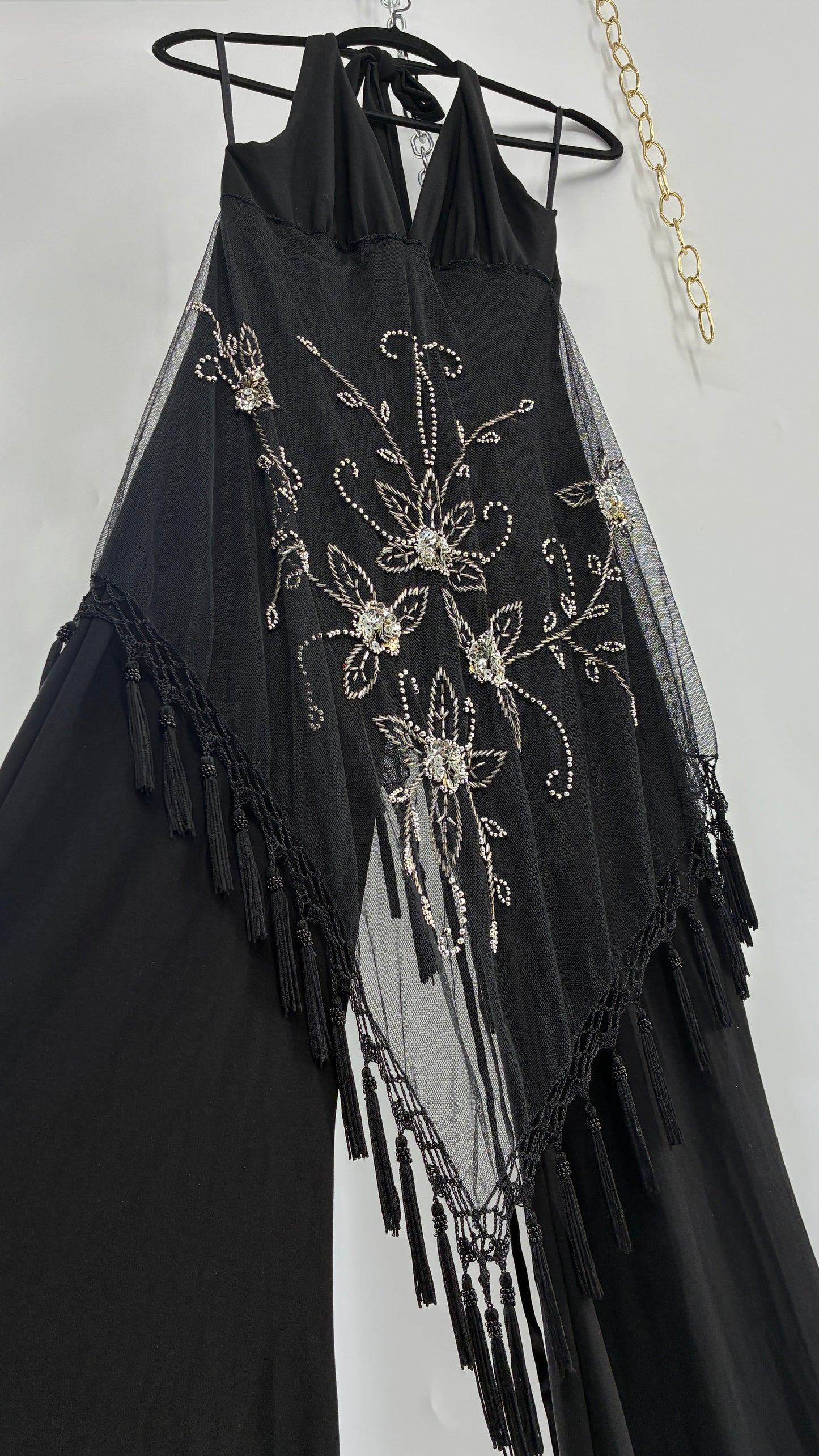Vintage JANICE Black Jumpsuit with Fringe Embroidered Waist Detail (Large)