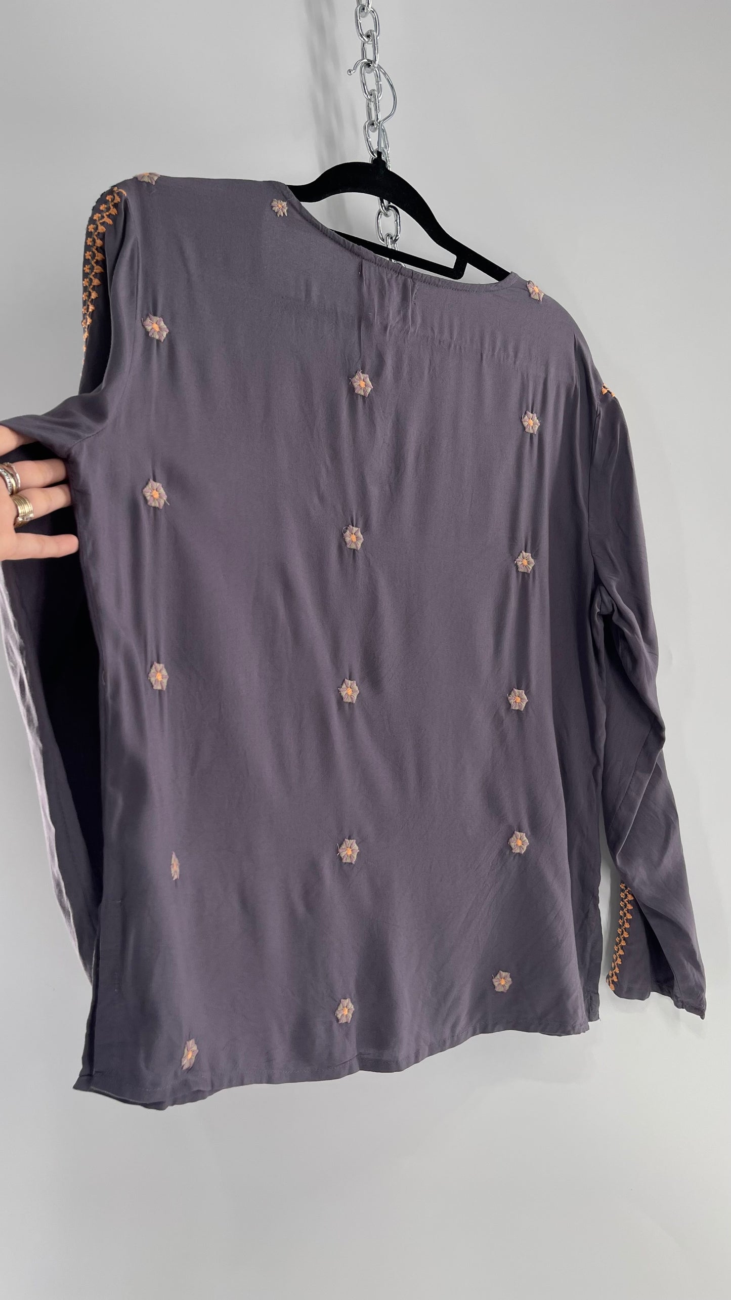 Anthropologie Solitaire Dusty Gray/Purple Embroidered Tunic Blouse (Medium)