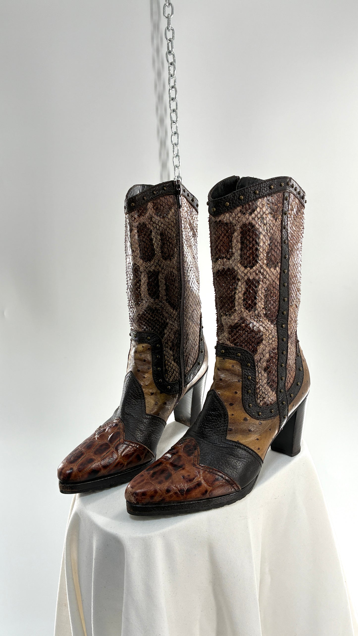 Vintage STUART WEITZMAN Stampede Boots Ft Snake, Crocodile and Ostrich Embossed Leather (8.5)
