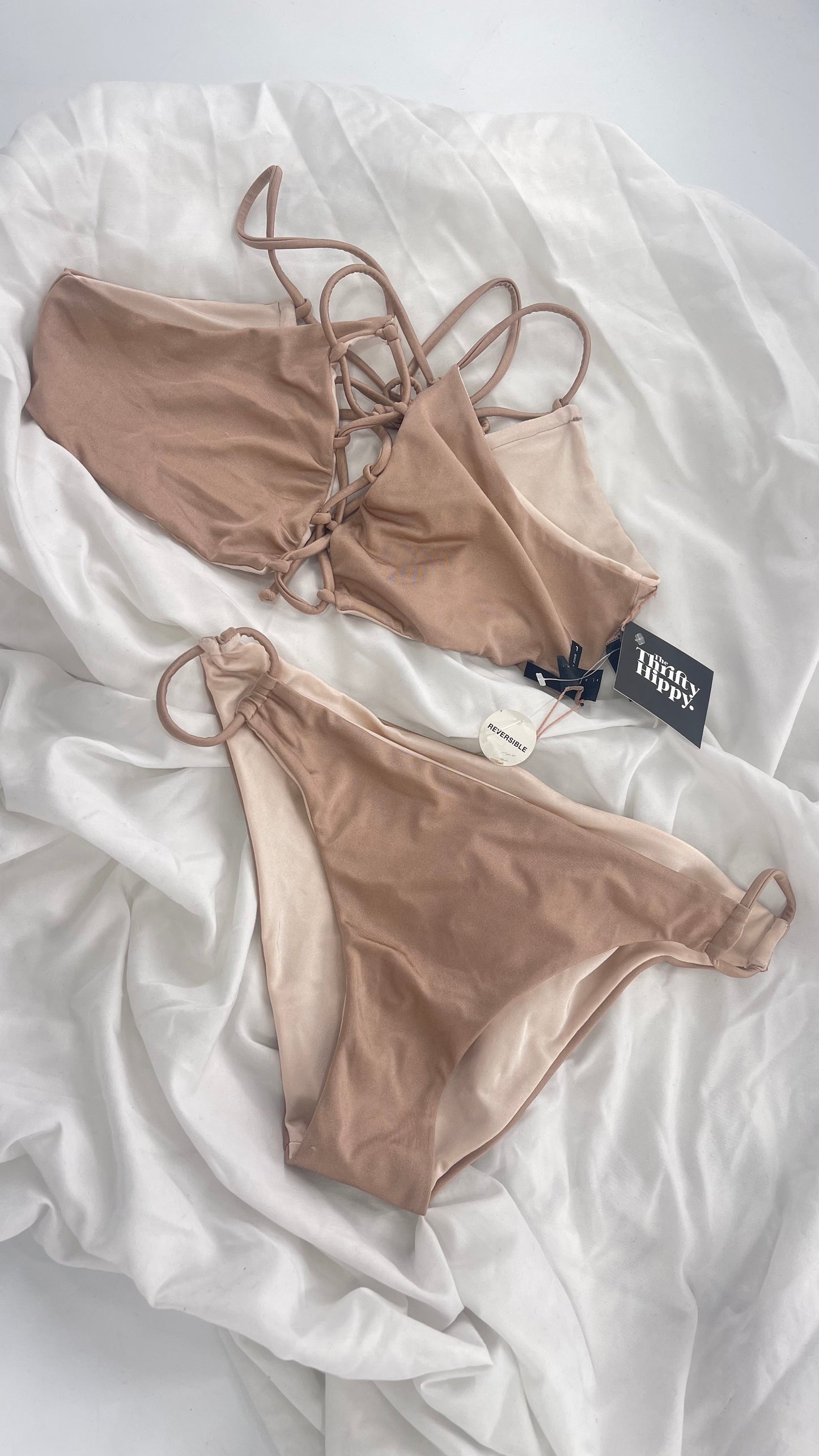 PACSUN LA Hearts Reversible Tan/Beige Swim Set with Tag (Large)