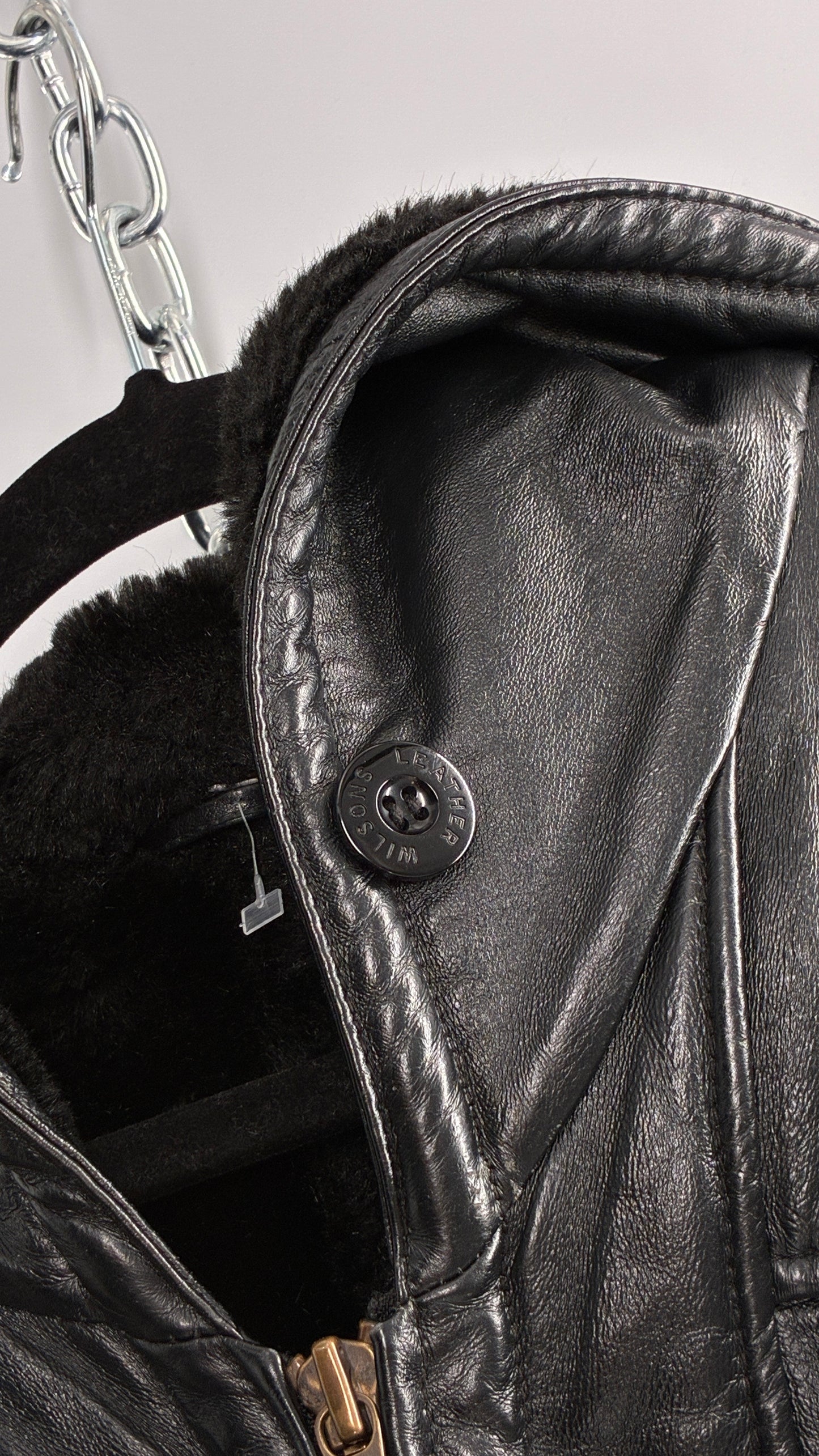 Vintage WILSON’S Fur Lined, Genuine Leather Waist Tie Jacket with Hood (Medium)