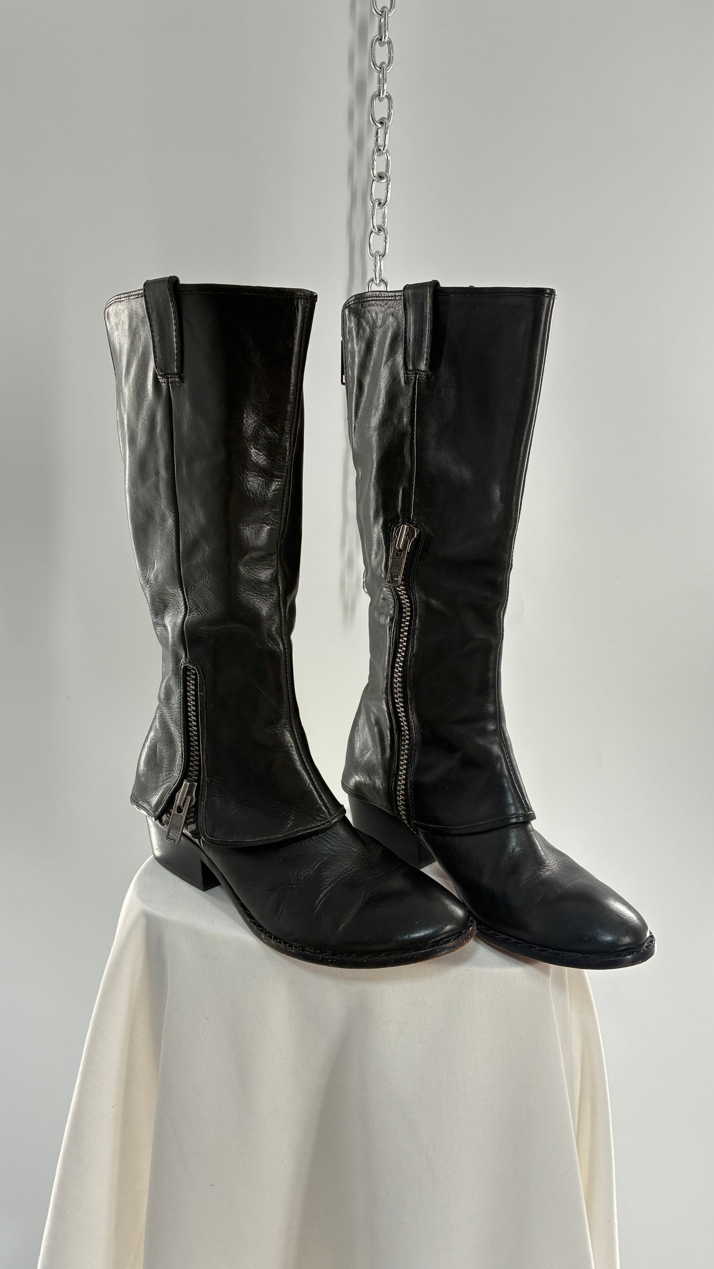 Vintage KORK EASE Black Genuine Leather Fold Over Boots with Heavy Metal Detailing (9/40.5)