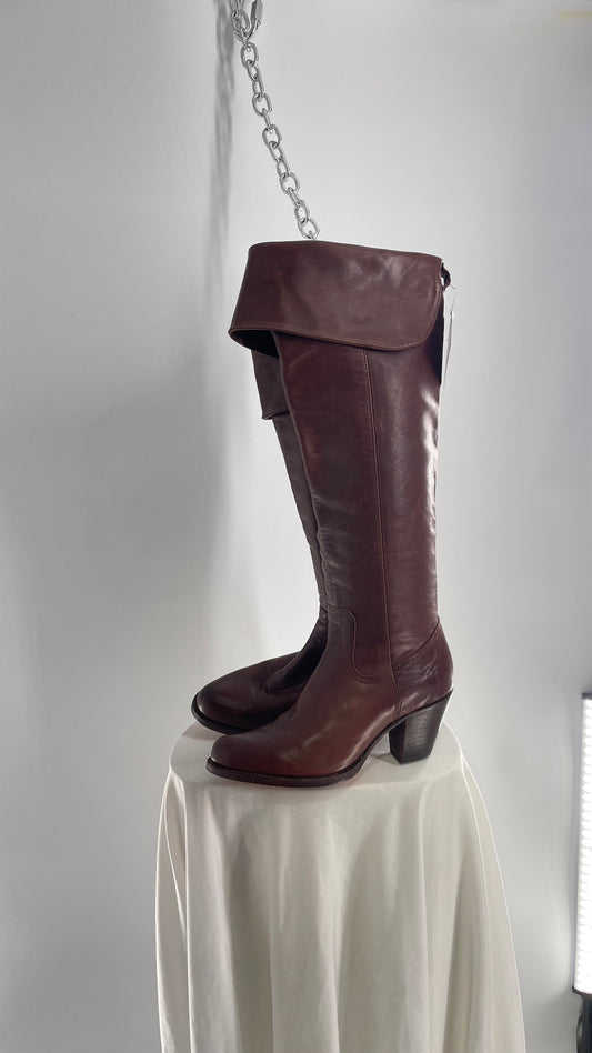 Vintage FRYE Brown Leather Fold Over Thigh High Round Toe Boots (8)