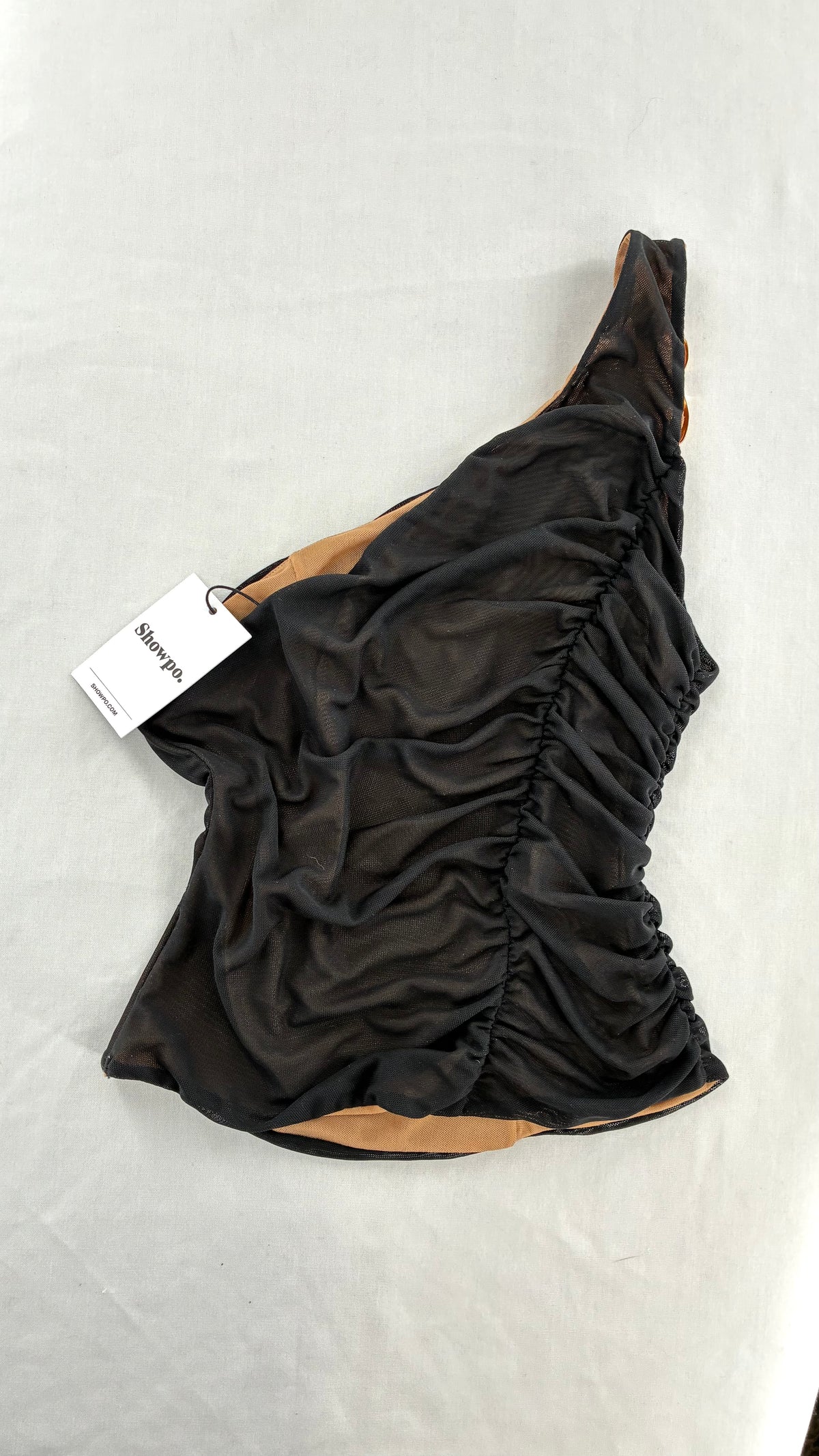 SHOWPO Ruched Nude Underlay Black Mesh One Shoulder Blouse with Tags (4)