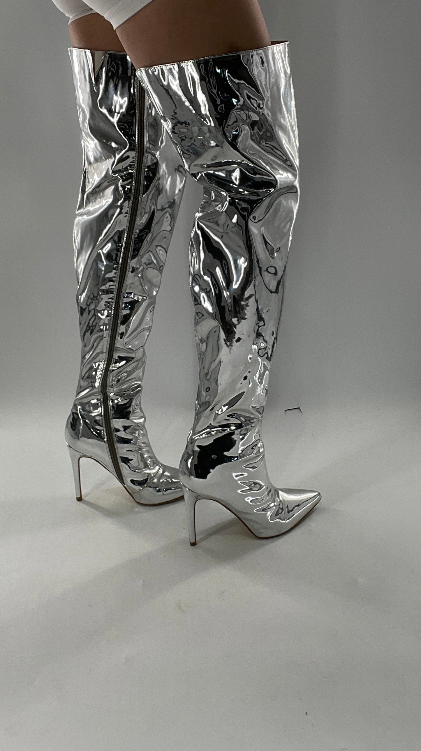 Vintage Chrome Platinum Mirrored Thigh High Molten Metal Sky High Boots Space Cadet/Concert (7)