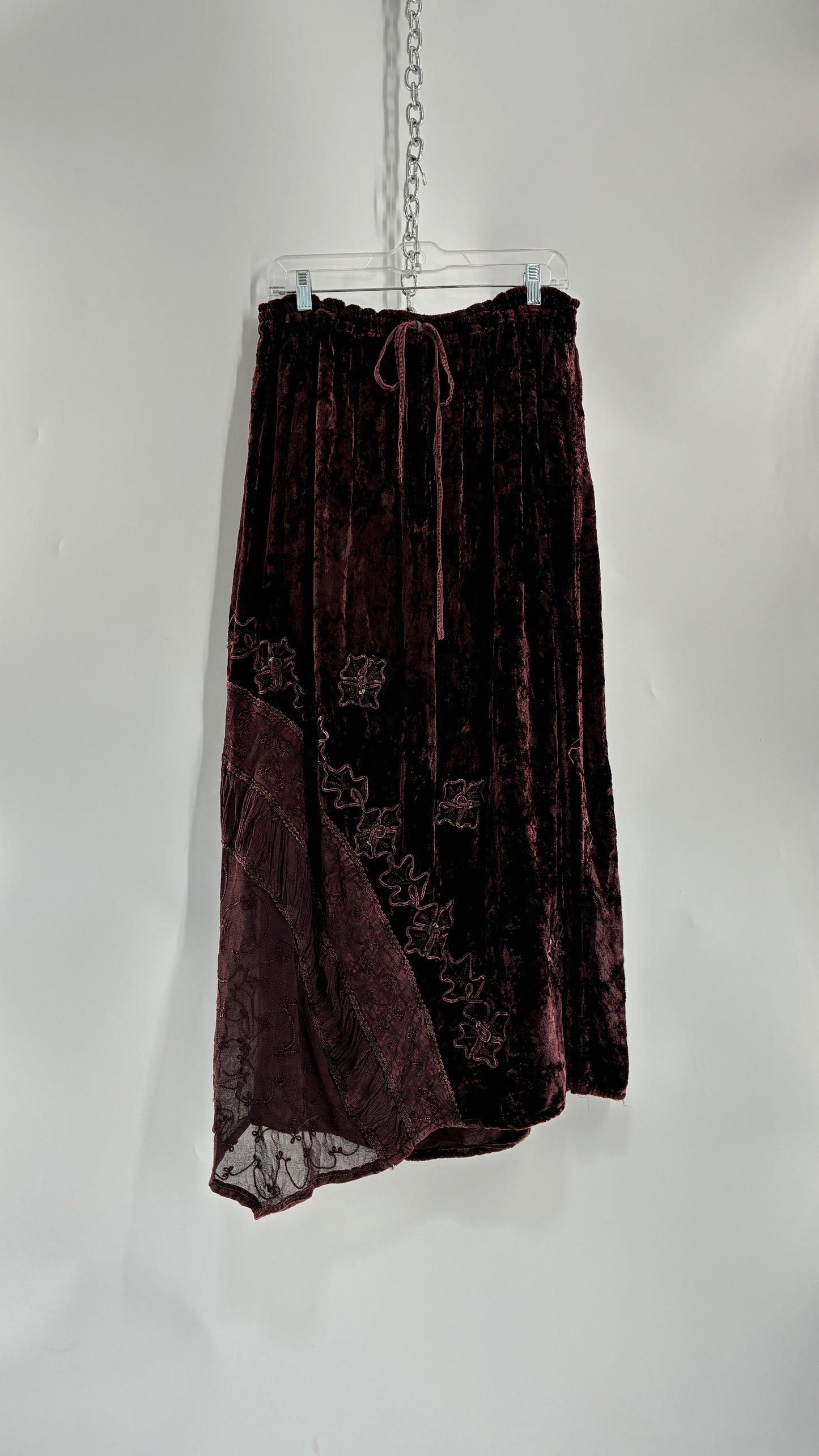 Vintage 1990s Burgundy Velvet Tie Back Blouse and Sheer Paneled Skirt (OS)